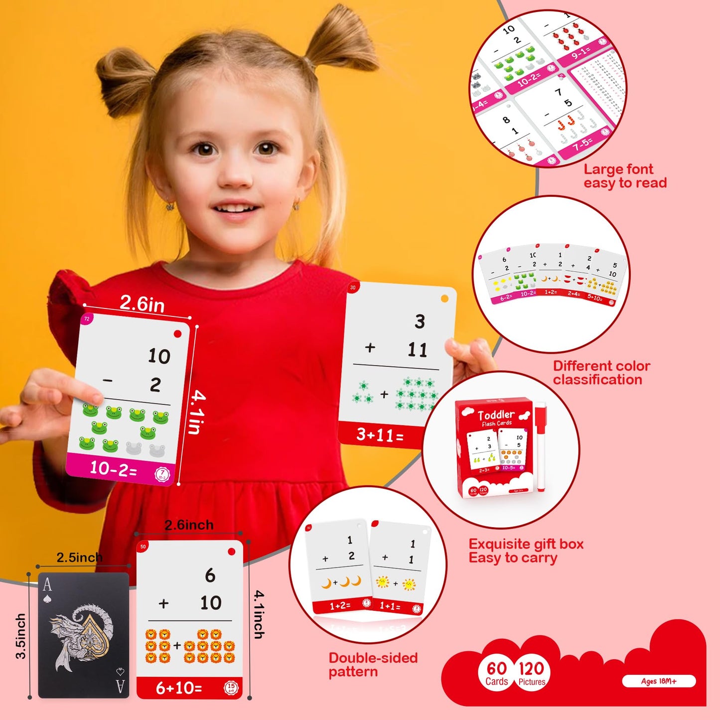 60Cards, 120 Pictures Addition And Subtraction Flash Cards For Kindergarten,1St, 2Nd, 3Rd Grade, Addition Flash Cards, Math Flash Cards For Kids Ages 4,5,6,7,8,9,10 Years