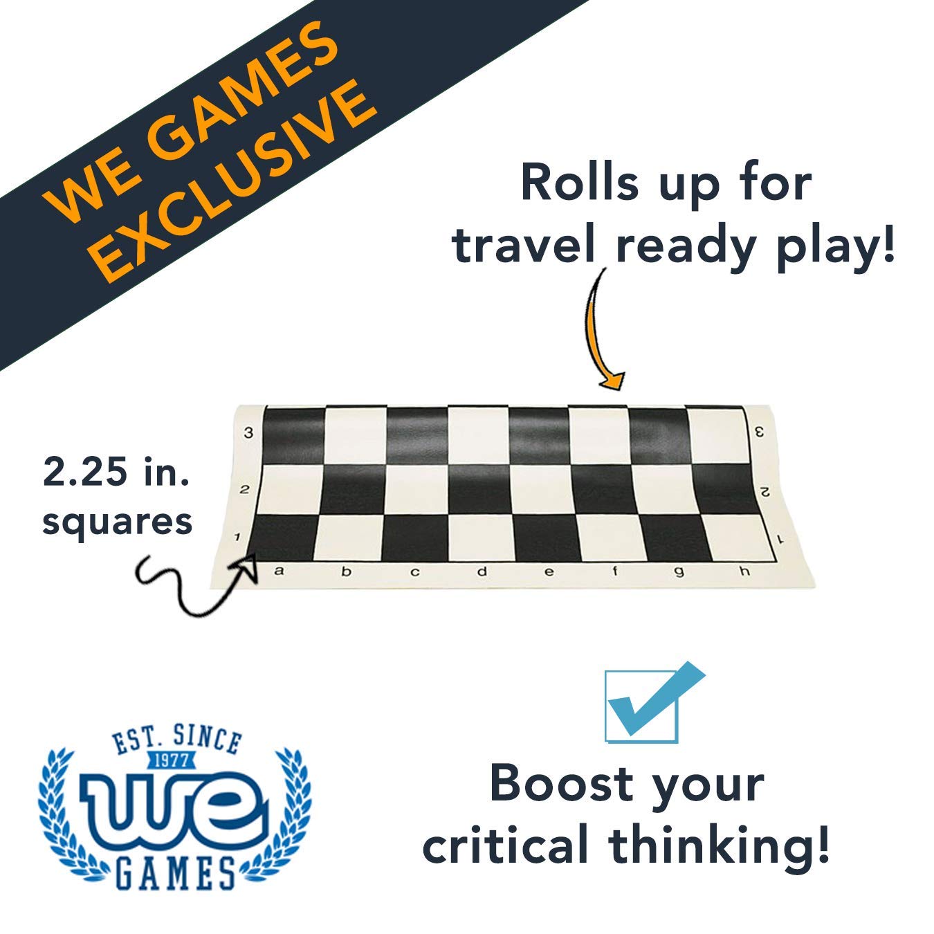 WE Games Portable Vinyl Chess Mat - 20" x 20", Black, with Algebraic Notation for Kids & Adults, Ideal for Practicing Chess Openings