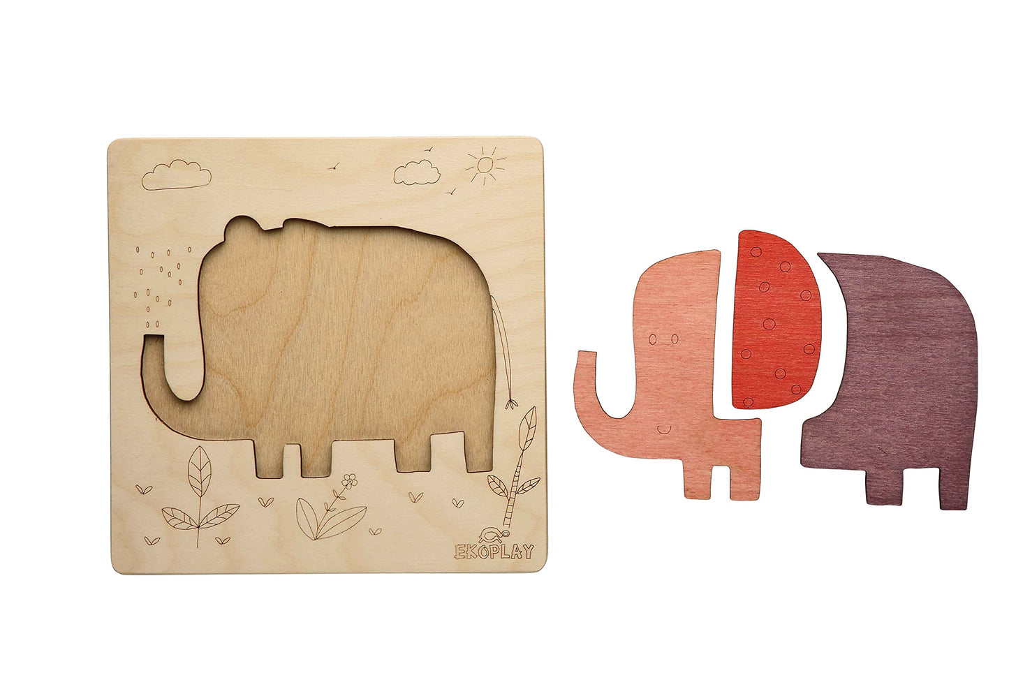 Ekoplay 3 Piece Playful Elephant Wooden Puzzle for Kids, Jigsaw Puzzle for Pre-School Kids, Learning Educational Toys Gifts for