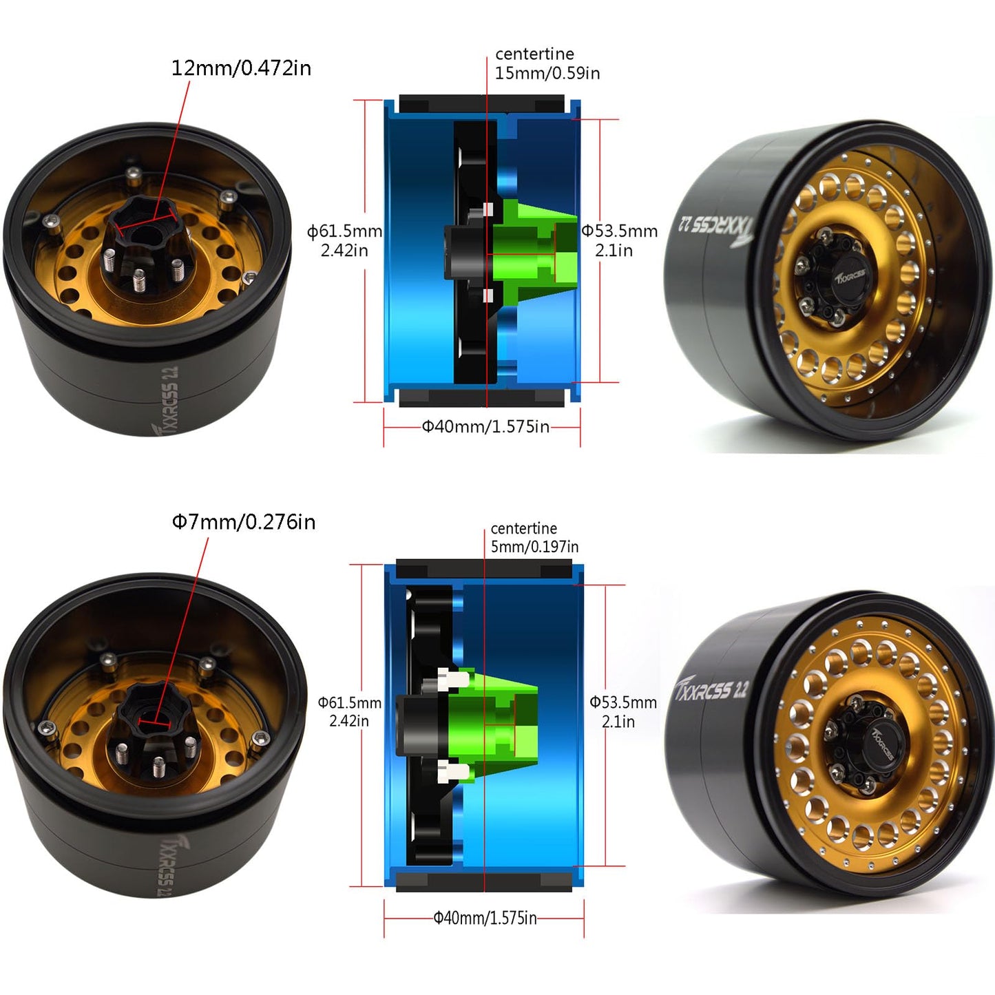 Txxrcss Adjustable 2 Offsets Rc 2.2 Beadlock Wheels Rims 1/10 Crawle Car Wheel Aluminum Hub Upgrades For Remote Control Scx10 Ca