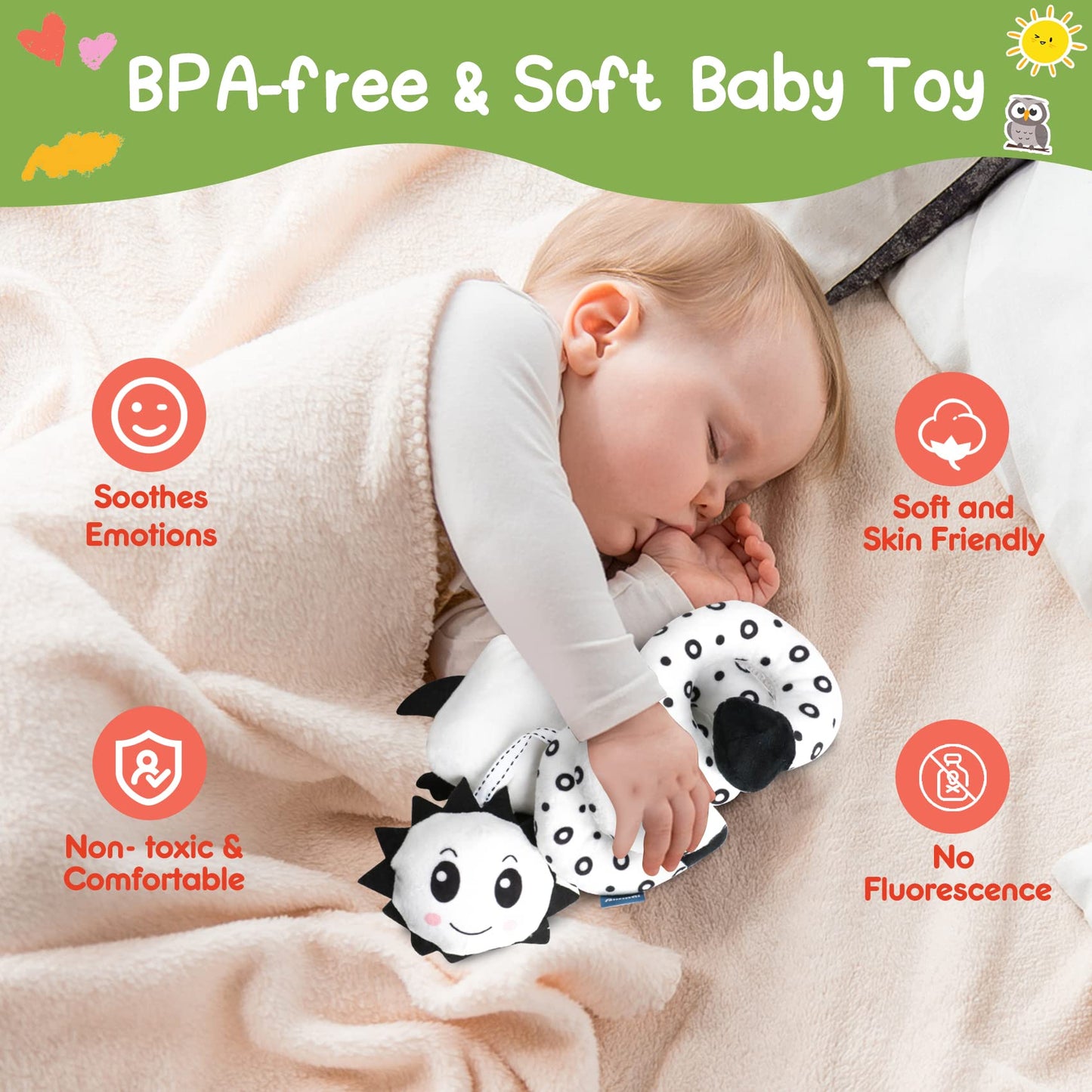 Gkdoms Baby Spiral Hanging Stroller And Car Seat Toys Black And White High Contrast Sensory Toy Newborn Plush Activity Toys Party Favors Quality Gifts For Baby Shower, Easter Basket Stuffers -Owl