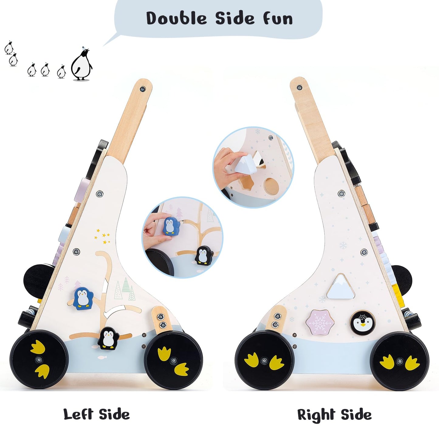 PairPear Wooden Baby Walker, Baby Push Walker Activity Center Toys,Montessori Walker Toy with Shape Sorter, Adjustable Speed Act