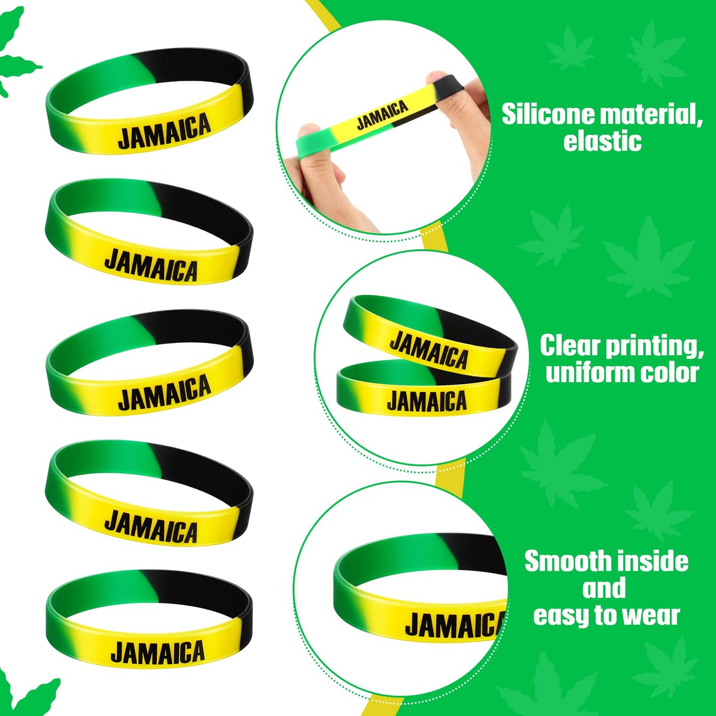 Leitee Jamaican Silicone Bracelet Bulk Black Yellow Green Rubber Wristband for Men Women Jamaican Birthday Party (50 Pcs)