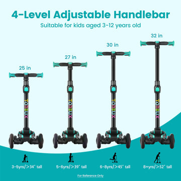 TONBUX Kids Scooter - 3-Wheel, Adjustable Height, Light Up, Shock Absorption, Green, Age 3-12, Model HU-XI-152