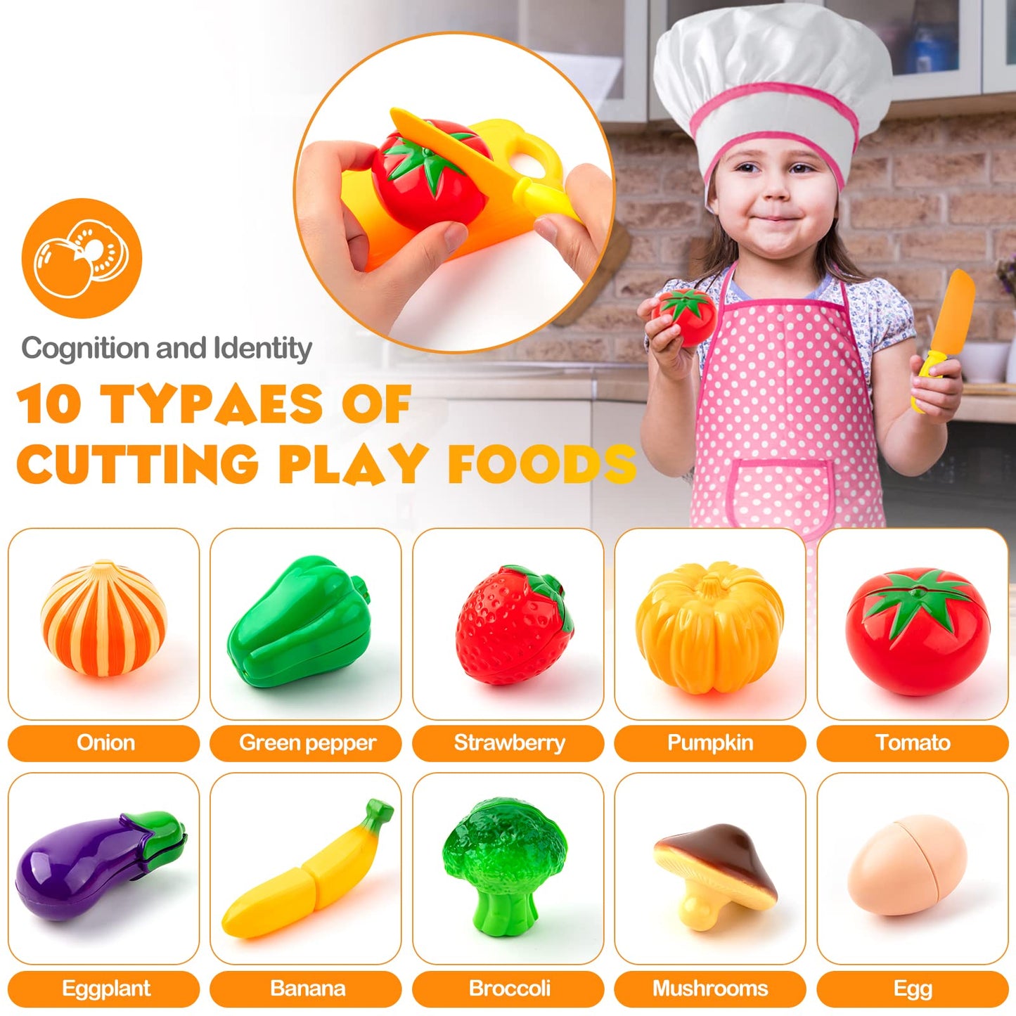 Tigerhu 26PCS Play Kitchen Accessories, Kitchen Pretend Play Cooking Toys w/ Stainless Steel Cookware, Apron & Chef Hat,Pots and