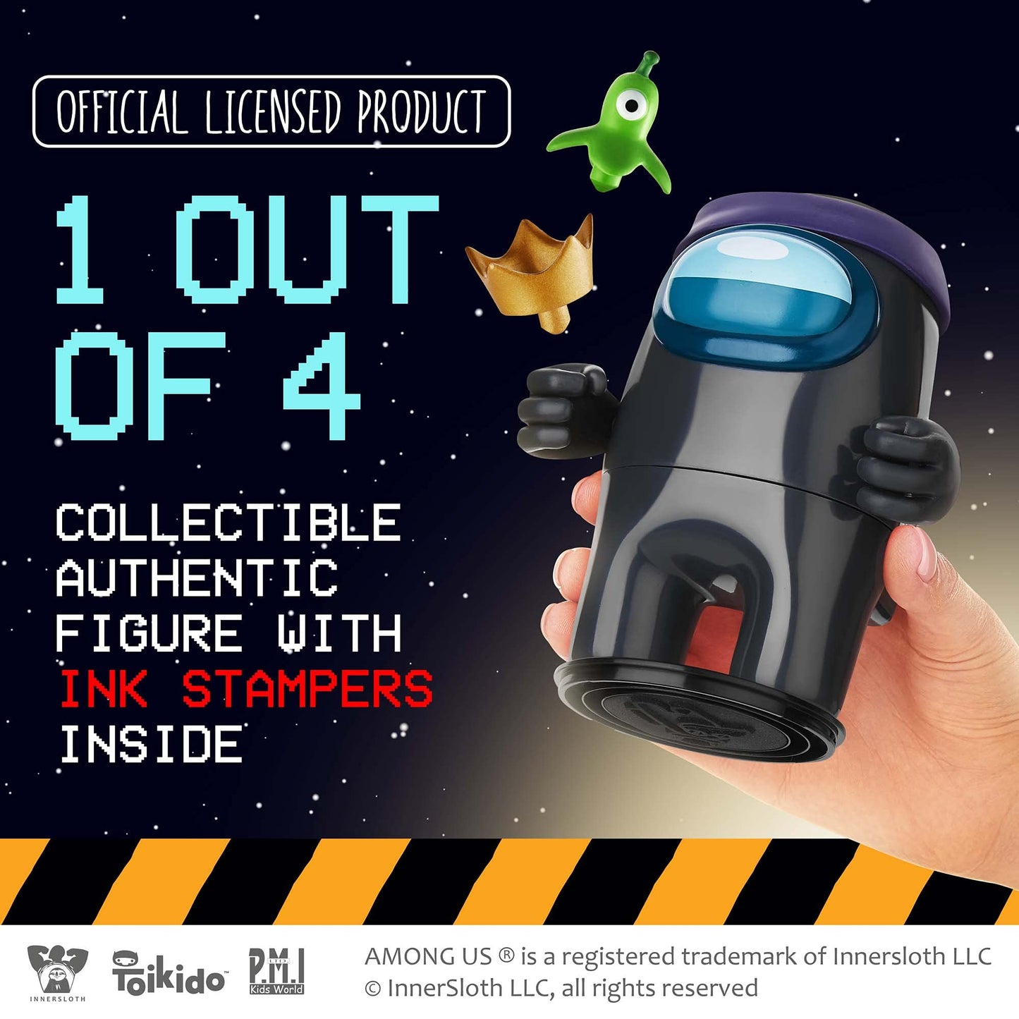 P.M.I. Among Us Crewmate Figure With Stamper | 4.5-Inch-Tall Among Us Toy + 3 Hidden Accessories| Among Us Party Favors And Playable Collectibles | Unique Impostor With Teeth And Tongue