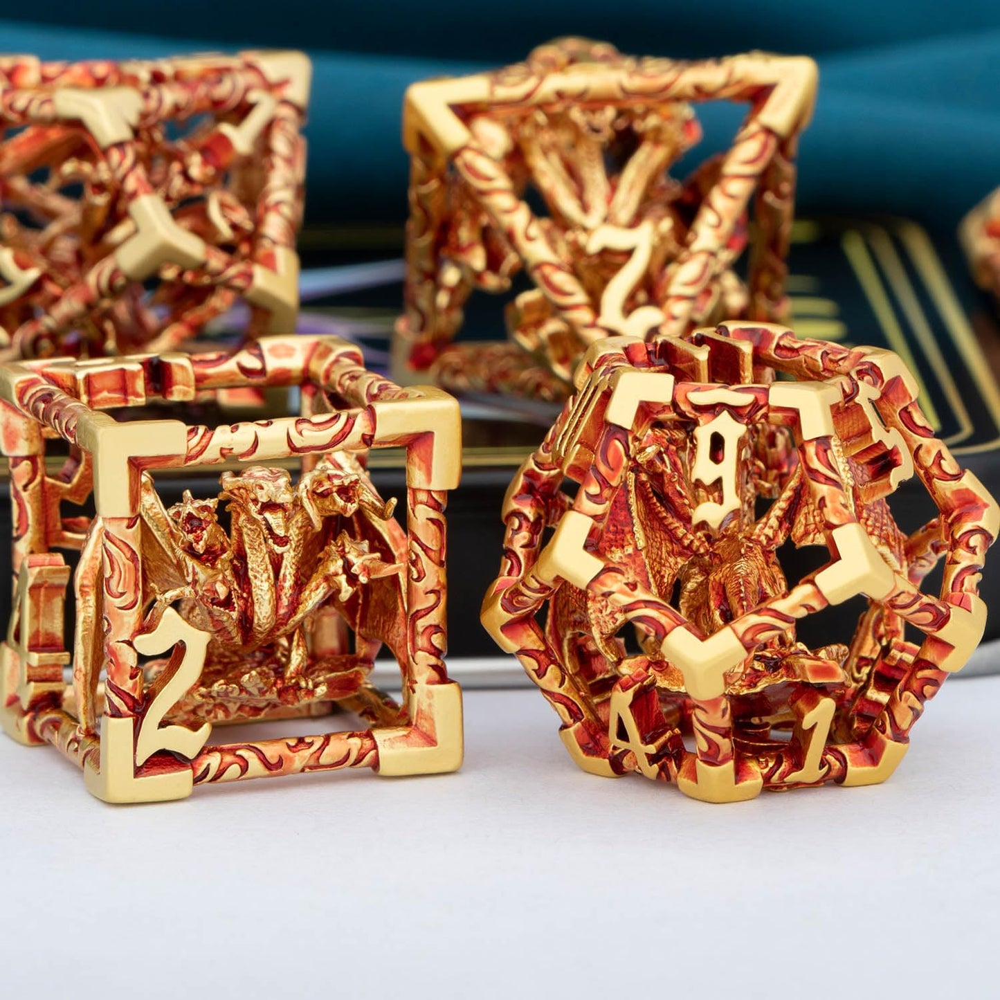 ARUOHHA Hollow DND Dice Set Golden Red 5-Headed Dragon D and D Dice with Gift Box, Dungeons and Dragons Role Playing Games 7PCS