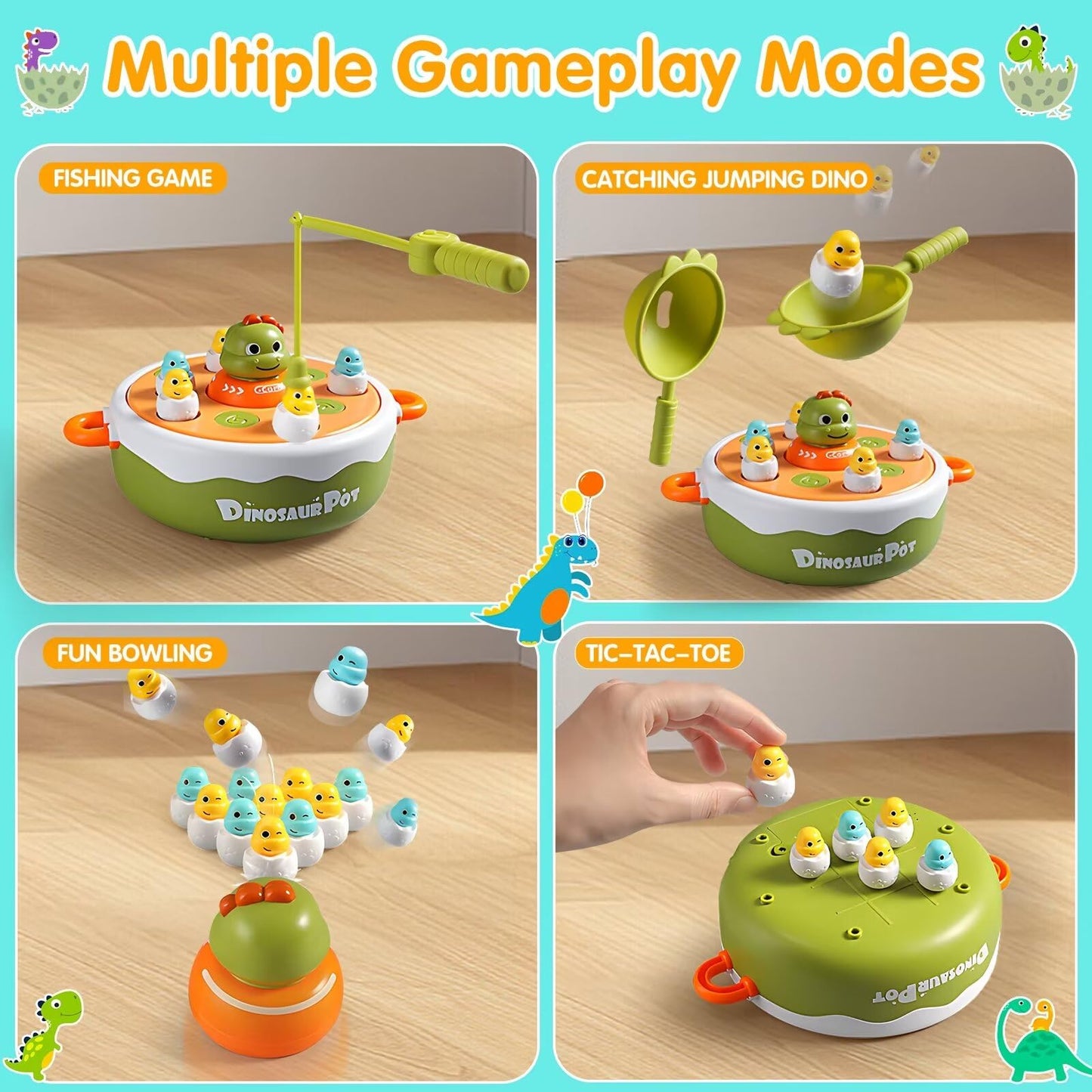 4 In 1 Dinosaur Pop Up Board Games For Kids Magnetic Fishing Turntable Rotating Music Dino Car Tic-Tac-Toe Developmental Toys Boy Girl Birthday Gift Family Operation Games Toddlers 3-5 4-6 5-7 4-8