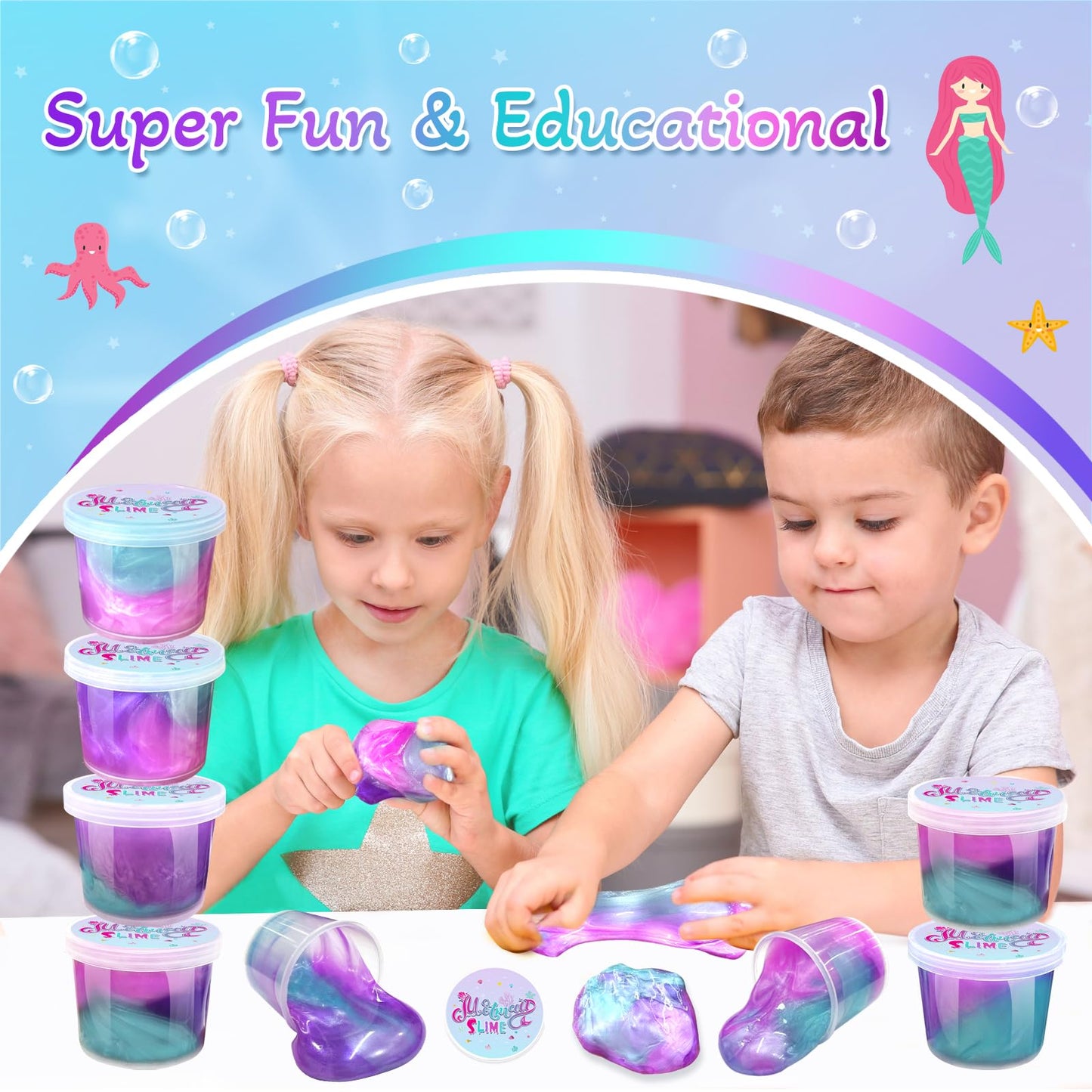 36 Pack Mermaid Slime Kit Party Favors For Kids Slime Cup Bulk Stretchy & Non-Sticky Diy Stress Relief Putty Toy Christmas Holid