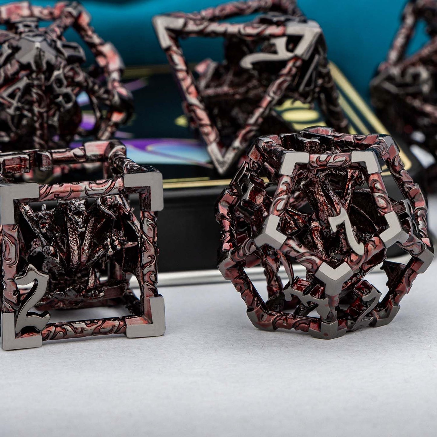 ARUOHHA Hollow DND Dice Set Black Red 5-Headed Dragon D and D Dice with Gift Box, Dungeons and Dragons Role Playing Games 7PCS M
