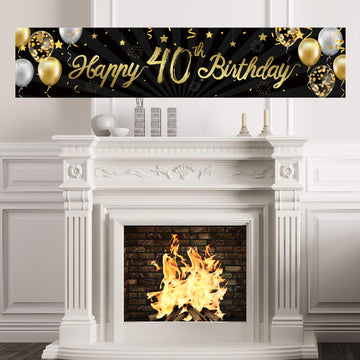 Happy 40Th Birthday Banner For Men Women Sign Black Gold Glitter 40 Years Old Birthday Party Decorations Supplies Anniversary Celebration Backdrop