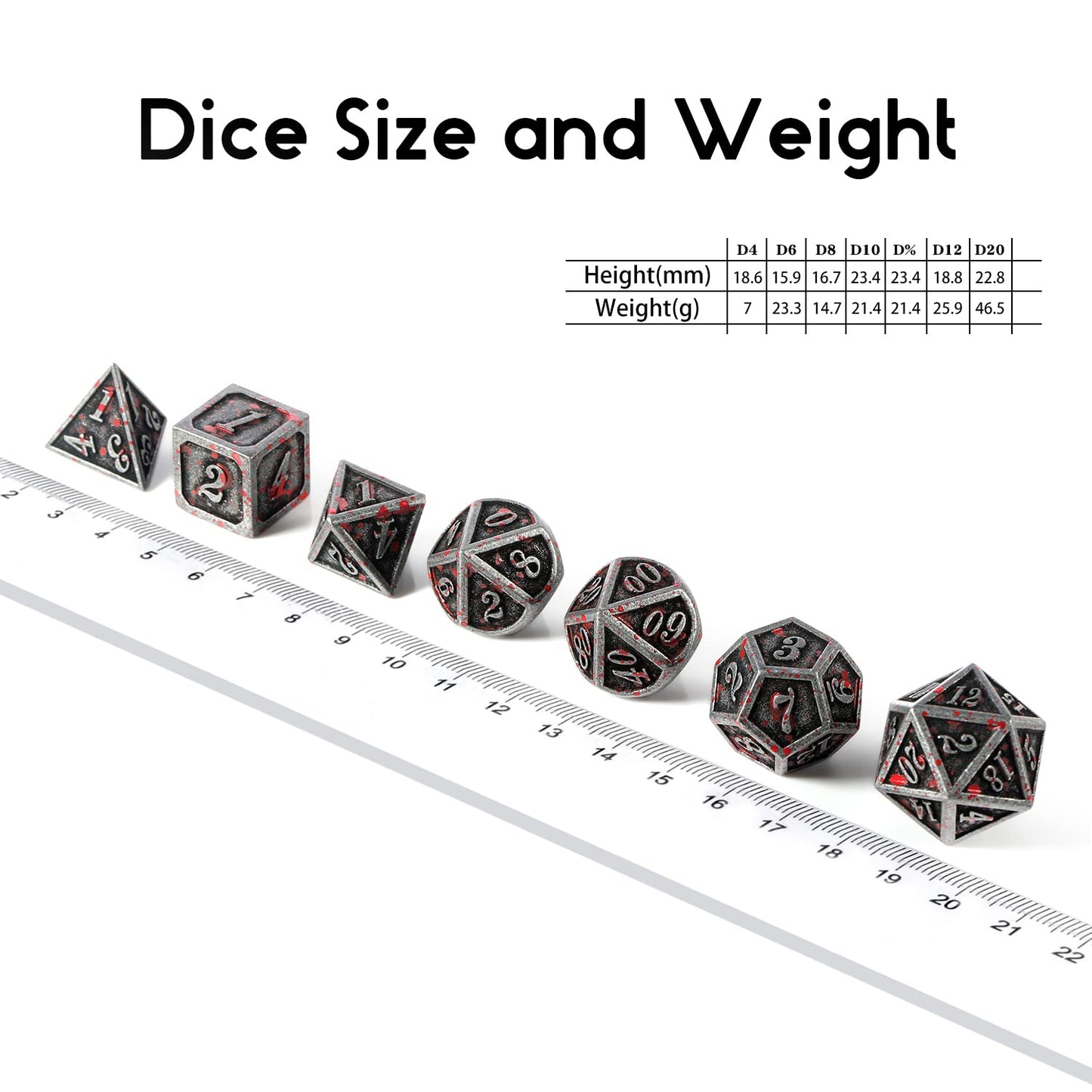 Acient Silver Bloodstained Metal Dice Set DND, DNDND 7PCS Metallic Halloween Die with Metal Case for Dungeons and Dragons Tablet