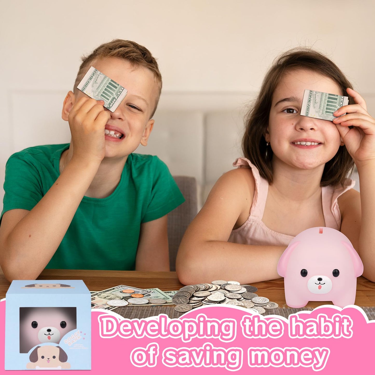 NIGOWAYS Piggy Bank for Girls,Unbreakable Plastic Puppy Money Bank with DIY-Stickers and Rhinestone Bow Tie,Cute Coin Bank for K