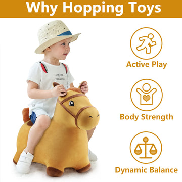 iPlay, iLearn Bouncy Pals Hopping Horse Toy - Inflatable Plush Ride-On Bouncer, Large, Yellow, Model RI-HOYE-049-B for Toddlers 18 Months