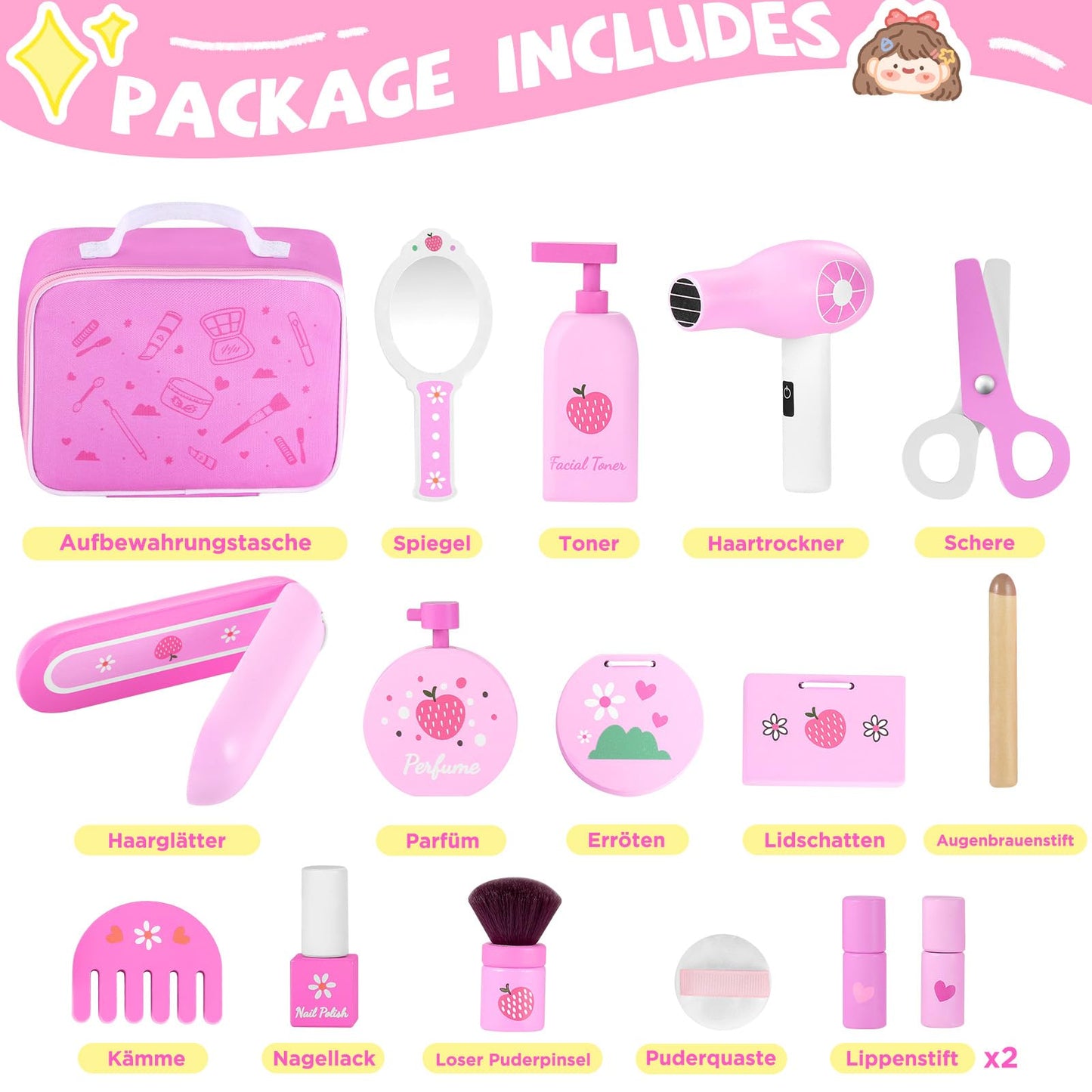 GAGAKU Wooden Makeup Toy Set Pretend Wood Beauty Hair Salon Toys for Toddler Wooden Makeup Kit for Girls with Styling Tools Chri