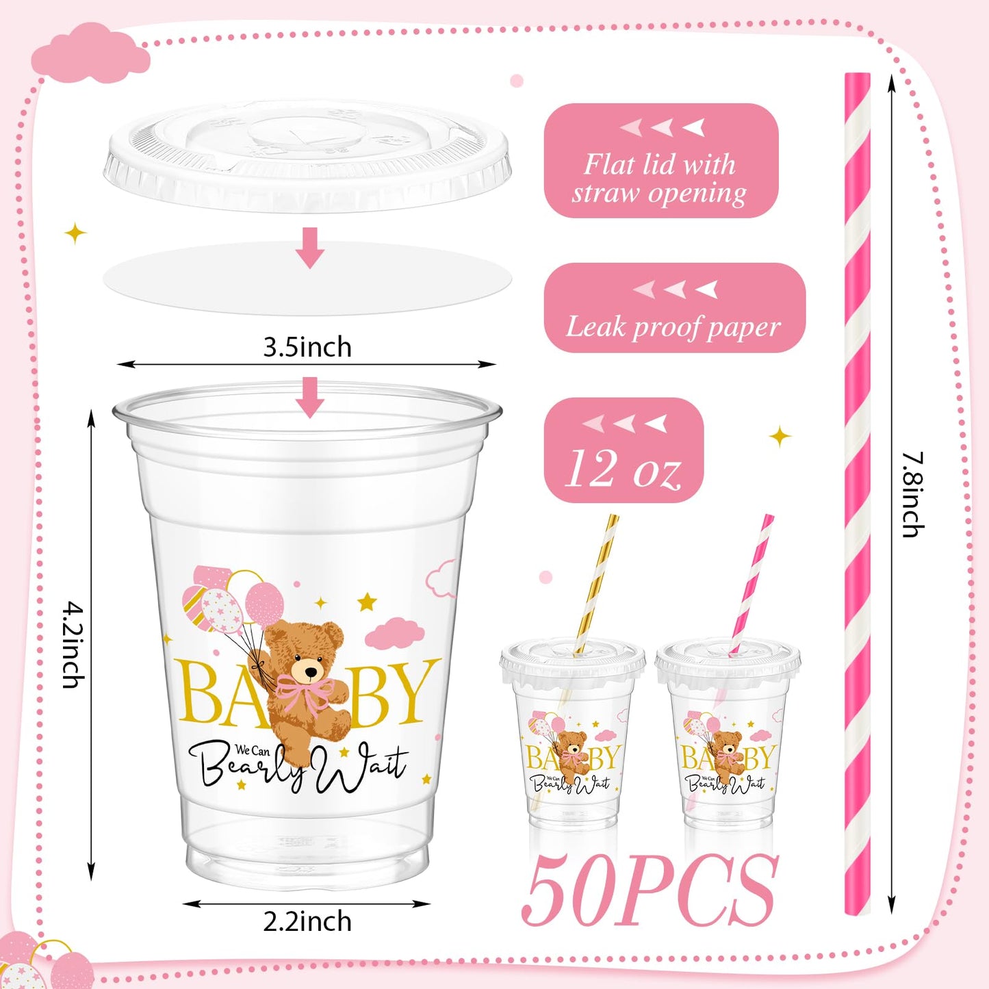 Foldtier 50 Pcs Baby Shower Party Disposable Plastic Cup 12 Oz Pink Bear Cups Thick Clear Cup Lids Straws Baby Shower Party Supp