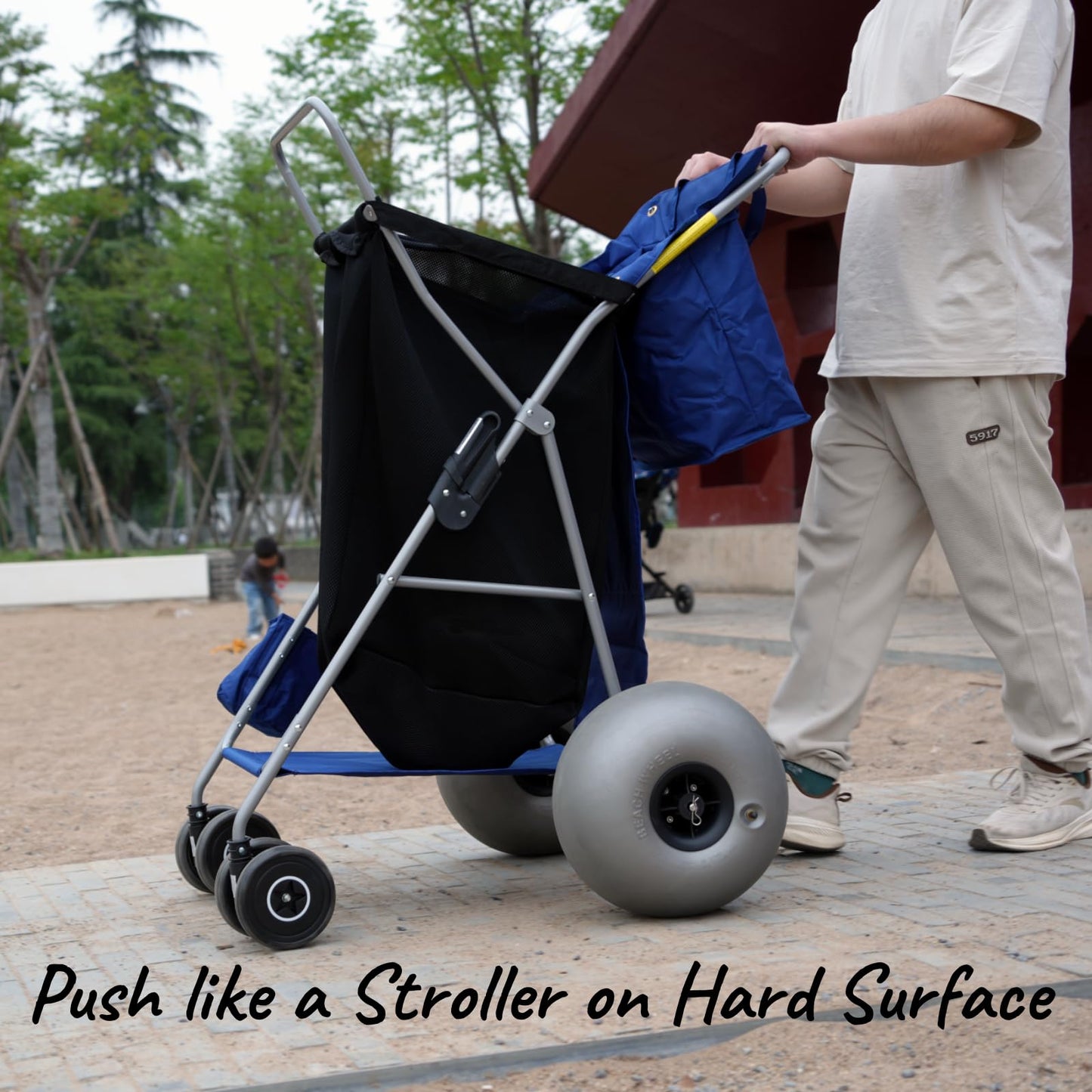 CRESTWALKER Beach Cart with 13 Balloon Wheels, Collapsible Buggy for Sand, Holds 4 Folding Chairs, Blue & Black & Grey