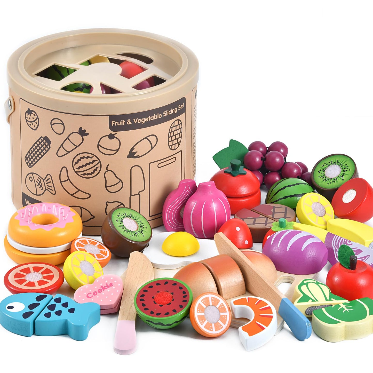 WHOHOLL Wooden Play Food for Kids Kitchen Playset, Play Kitchen Accessories Pretend Cutting Food Montessori Toys for 2+ Year Old