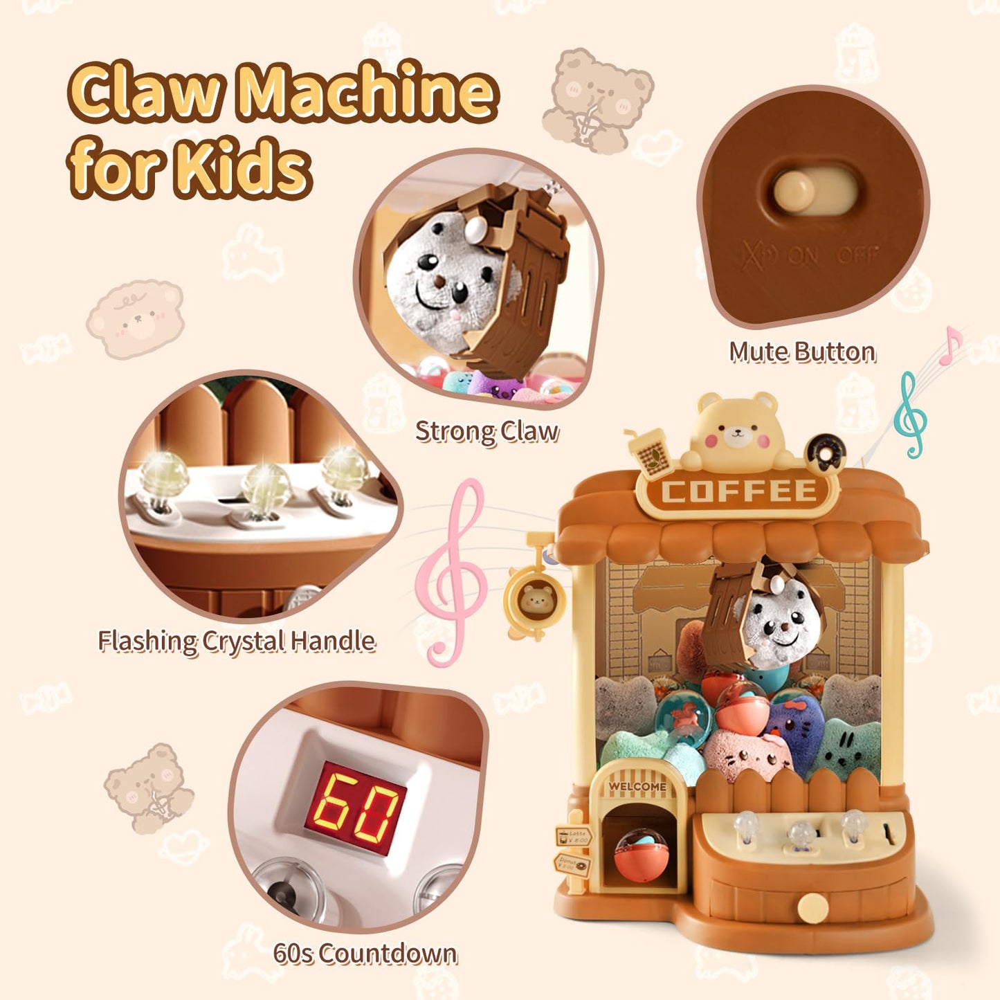 Large Claw Machine for Kids Adults, Mini Vending Machine with 30 Fun Toys, Candy Dispenser Machine, Prize Dispenser with Music L