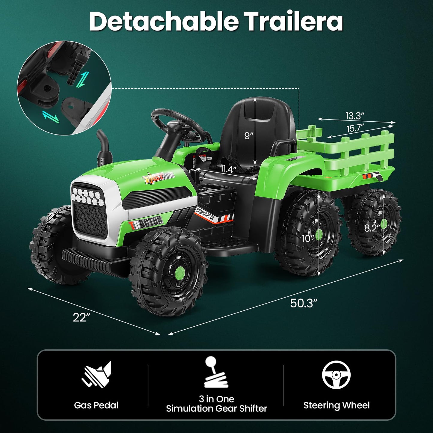 Hikole Kids Ride on Tractor, 12V Electric Tractors with Trailer, Remote Control, 11-LED Headlights, 3-Gear-Shift, 30W Dual Motor