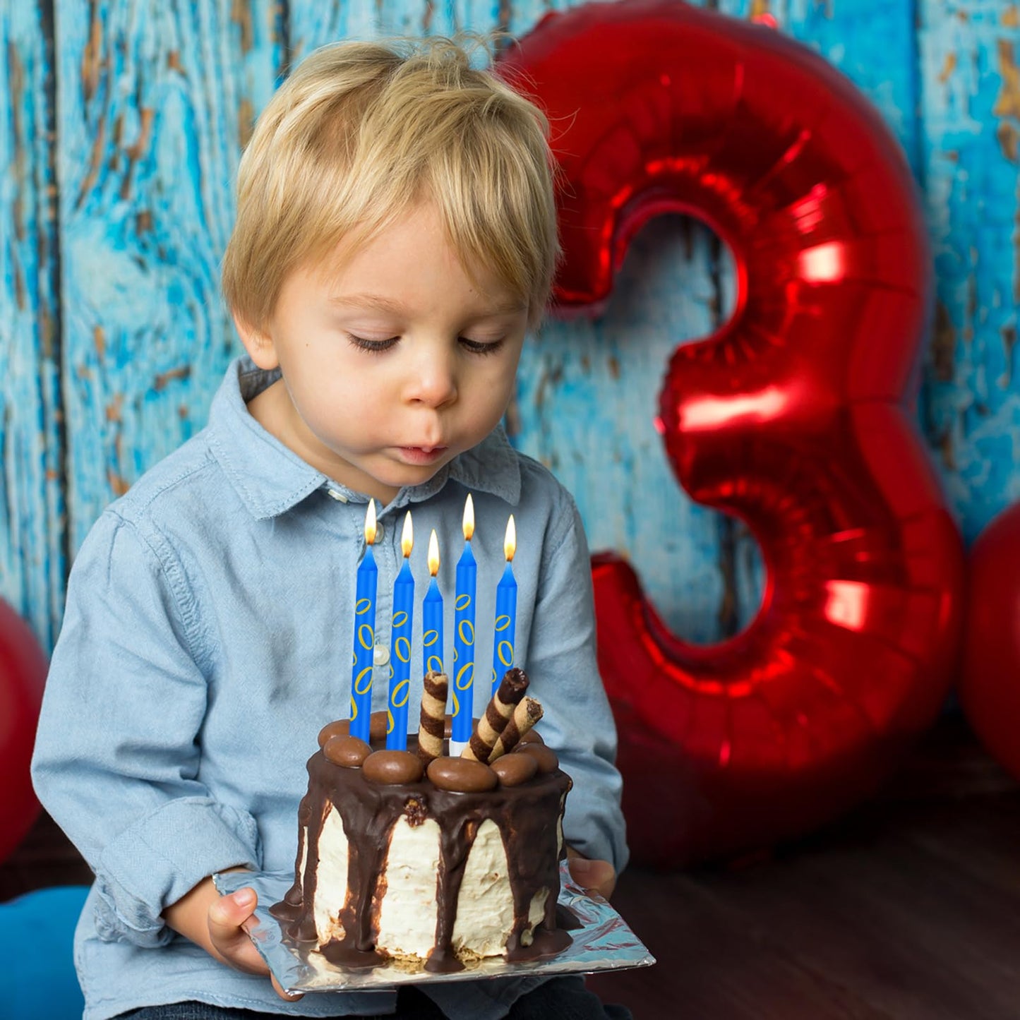 Conelist 12 Pcs Blue with Gold Ring Print Themed Birthday Candles Blue Golden Cartoon Characters Candle Cake Topper for Boys Gir