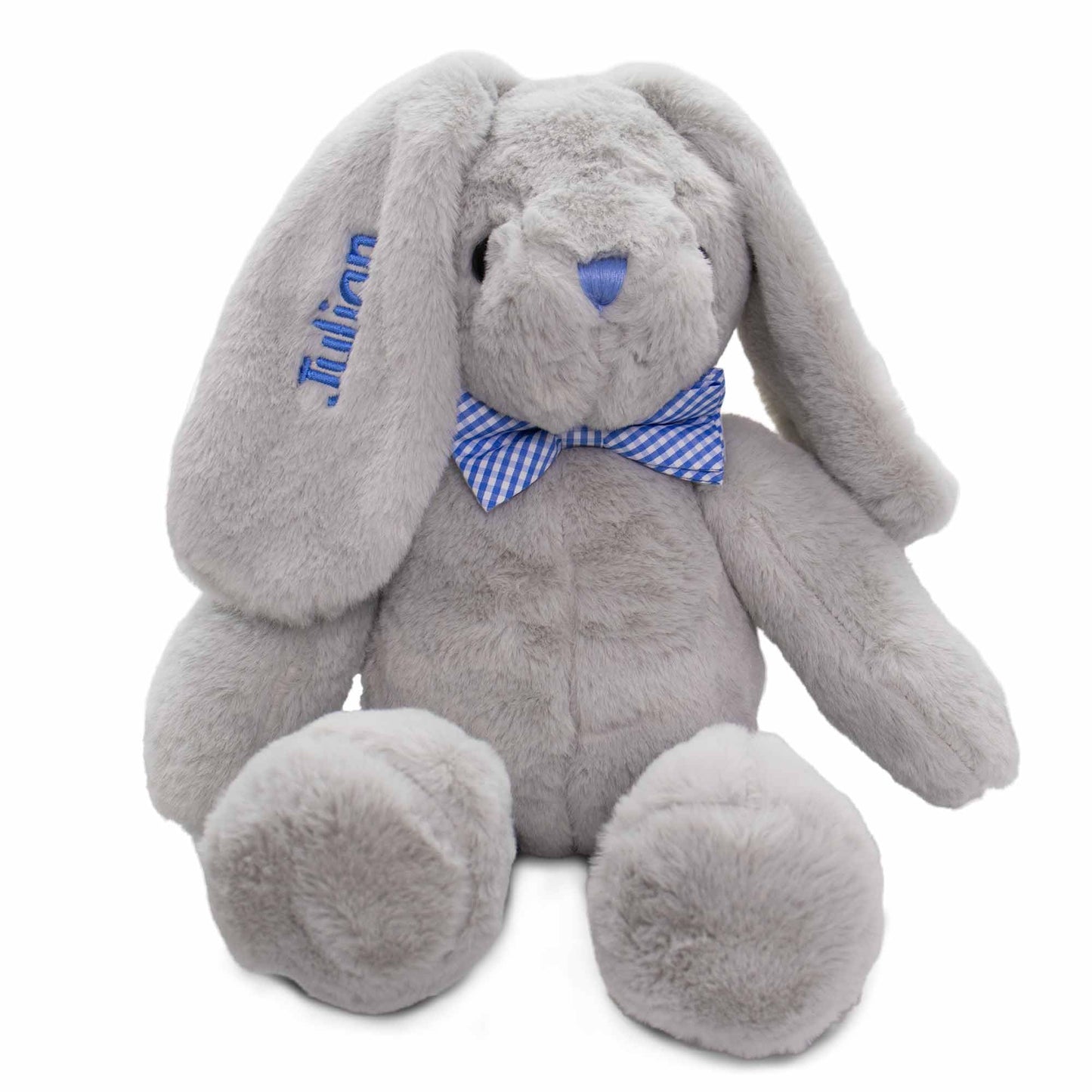 Dibsies Personalized Hoppity Floppity Bunny 18'' (Gray Bunny With Blue Bowtie)
