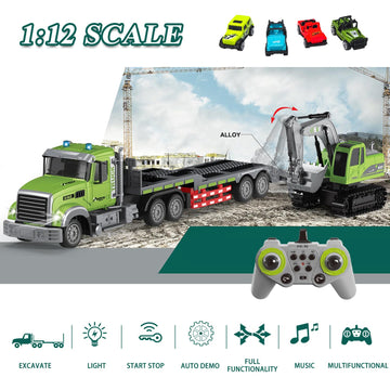 Fistone RC Semi Truck & Excavator Toy Set, 1:12 RC Semi-Trailer Truck with Sound and Lights, 2.4Ghz Remote Control Flatbed Truck