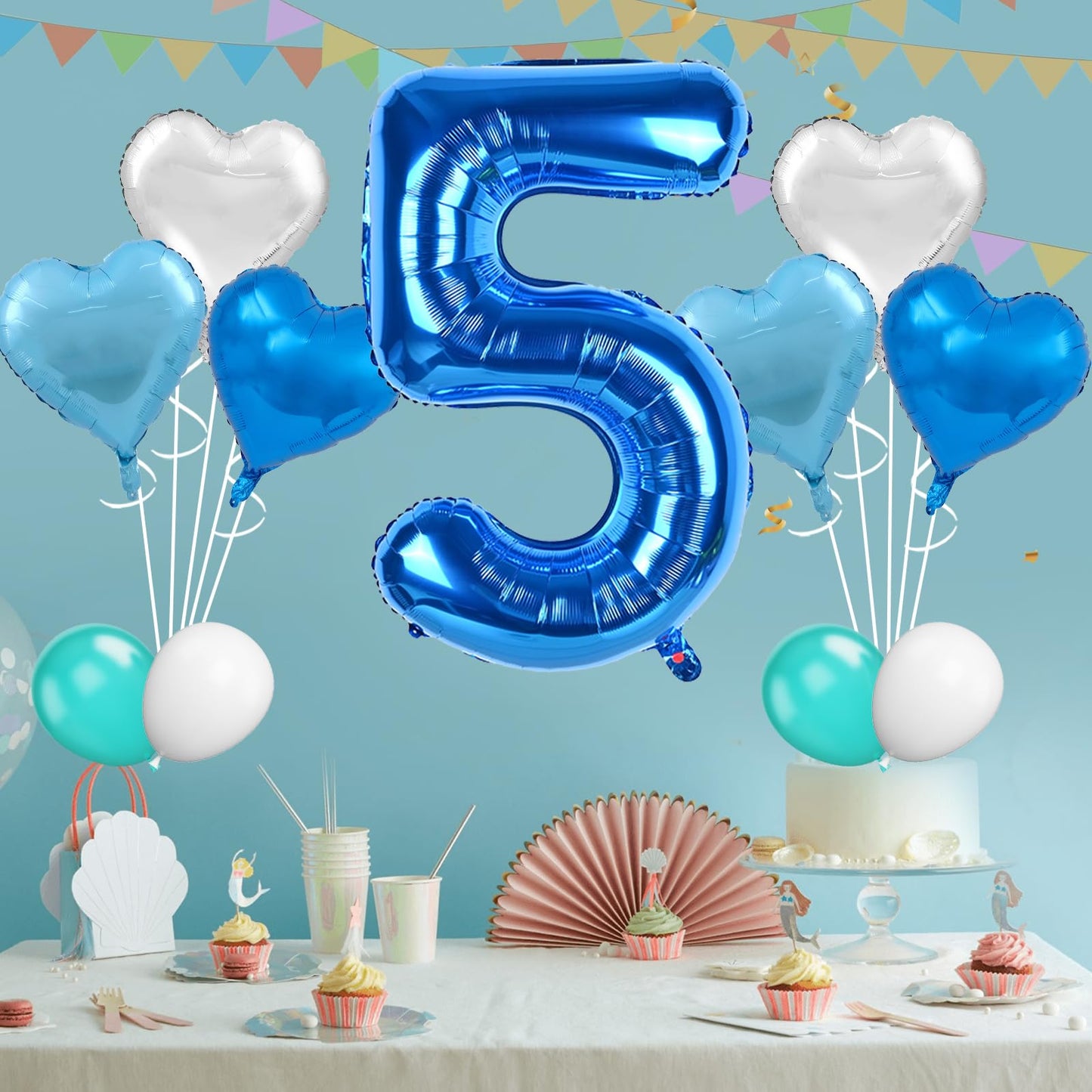 Biapian 40 Inch Blue Number 5 Balloons, Large Number 5 Balloon With 18'' Dark Blue And Silver Foil Heart Shape Balloons Helium F