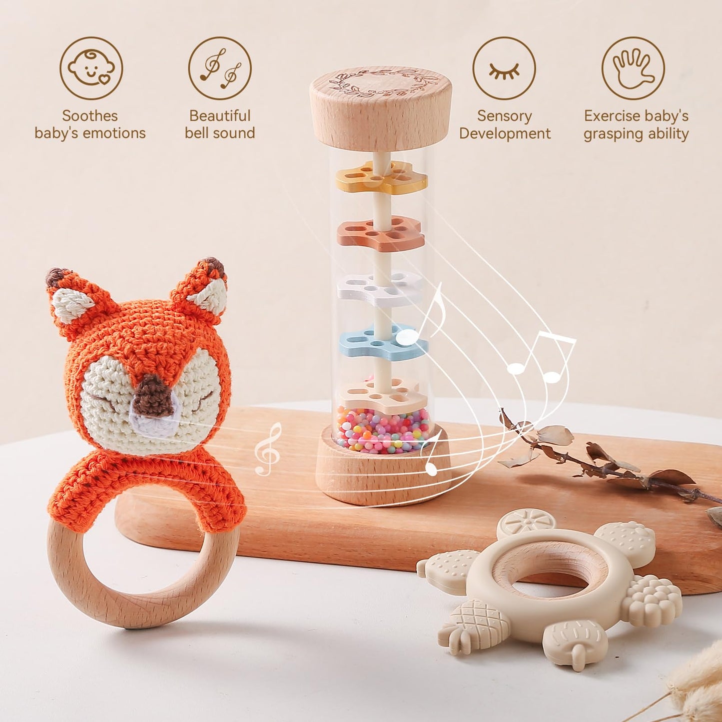 Youuys Wooden Baby Rattle Set (3Pcs) - Crochet Rattle Rain Stick Teething Toys, Wooden Montessori Toy For Newborn Infant Baby Rattles Set Toys 3-6 Months (Fox)