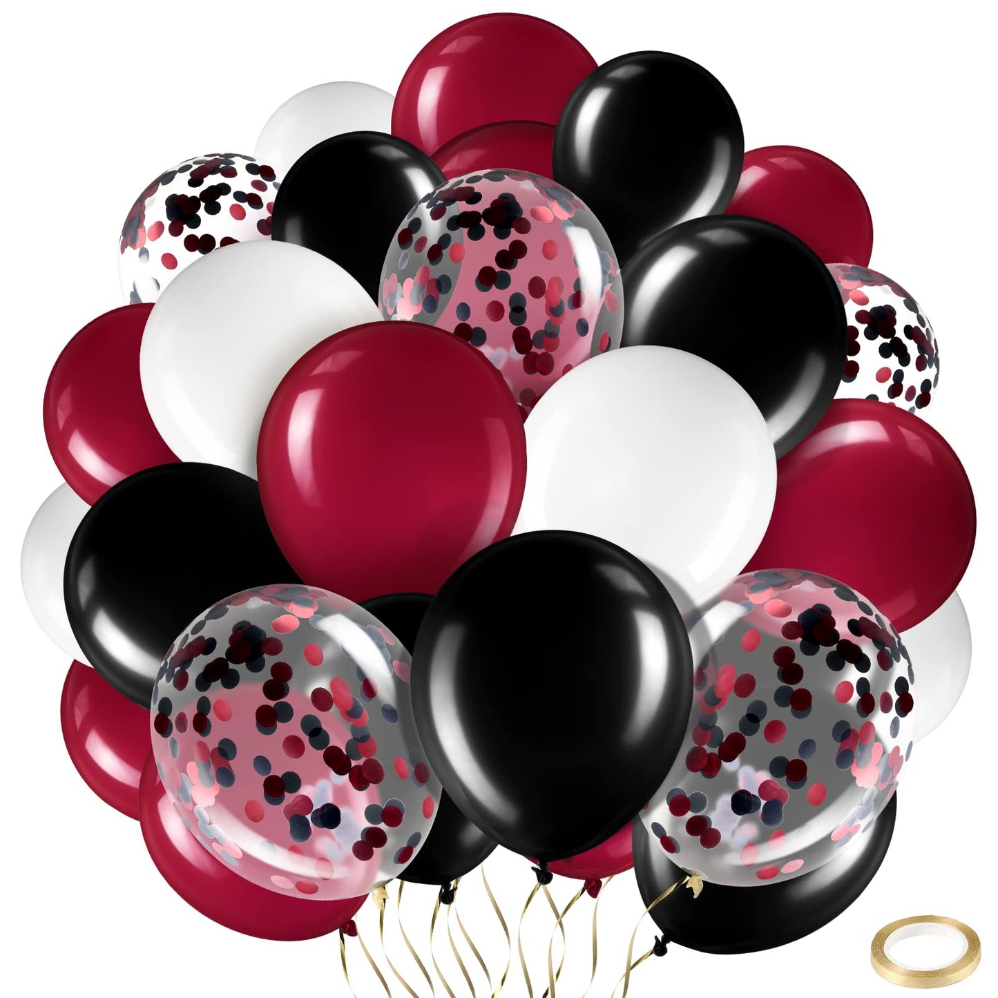 Sratte 60 Pcs 12 Inch Balloons Kit Confetti Latex Metallic Balloons With 2 Rolls Ribbon Party Favor For Memorial Day, Birthdays, Fourth Of July, Halloween Decorations(Black, Red, White)