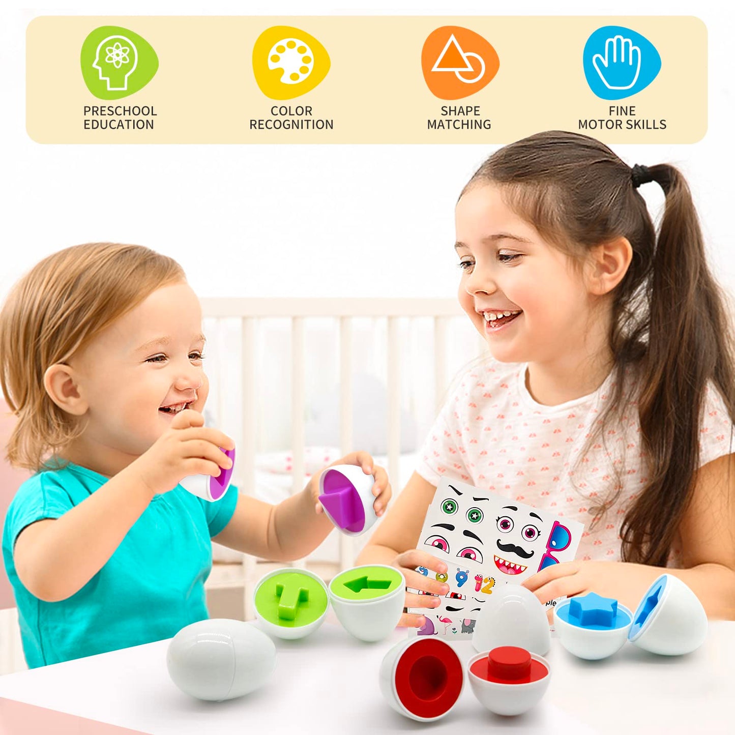 Moontoy Matching Eggs For Toddlers, 12Pcs Preschool Educational Learning Color & Shape Recognition Stem Toy- Montessori Geometri