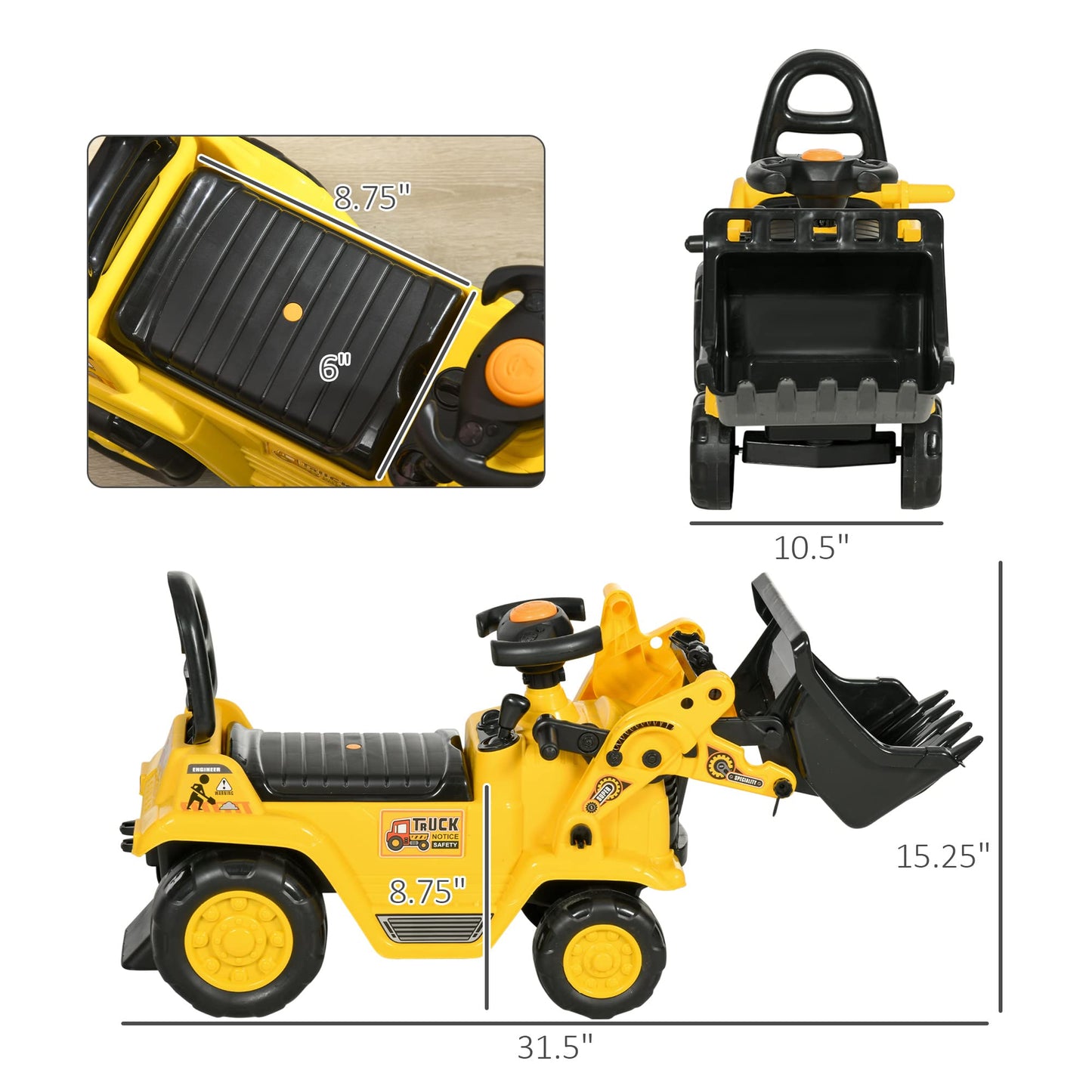 Homcom Ride On Excavator Pull Cart, Kids Bulldozer Ride On Truck With Horn, Under Seat Storage, Sit And Scoot Pretend Play Toy Construction Car For Ages 18-48 Months
