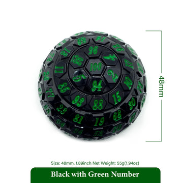 Poludie 100 Sided Polyhedral Dice, Single D100 Game Dice, 100 Sided Cube with Black Pouch, D100 die 48 mm (Black with Green Numb