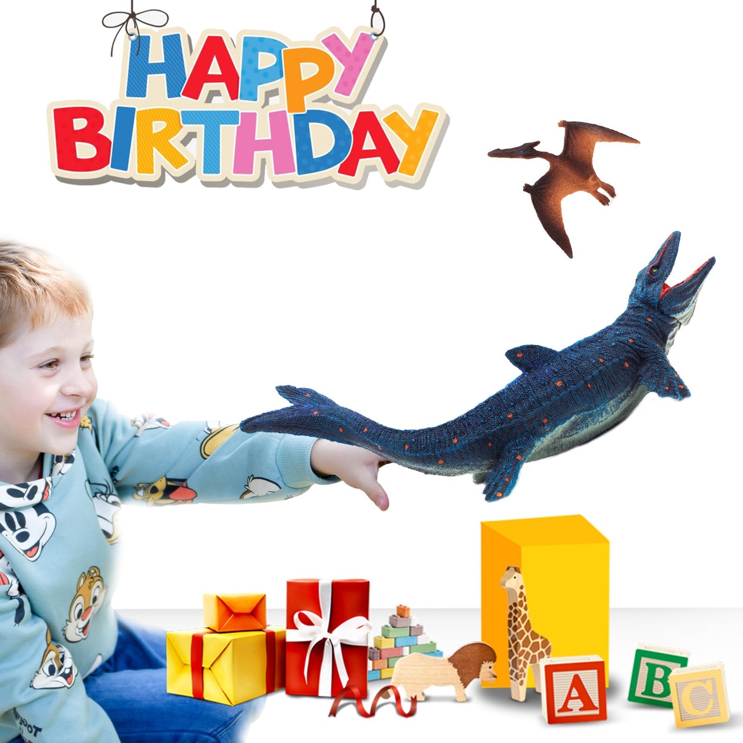 Gemini&Genius Mosasaurus Toys With Movable Jaw With Pterosaur Toy For Kids, Realistic Mosasaurus Dinosaur Toys, Dino Toys,Play &