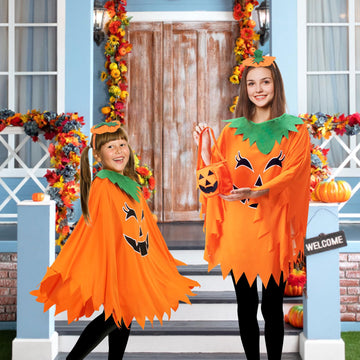 Snwquik Halloween Pumpkin Costume for Kids Girls Glow in the Dark Halloween Costume with Pumpkin Poncho Headband&Bag