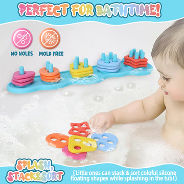 Baby Bath Toys, Mold Free Silcone Shape Sorting & Stacking Bath Toy Set With 20 Textured Floating Pieces, No Hole Design, Silico