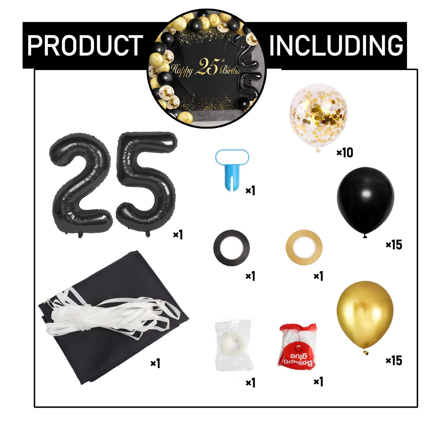 Happy 25Th Birthday Balloons Black Set Decor - Cheers To 25 Years Old Party Theme Garland Banner Backdrop Decorations For Women