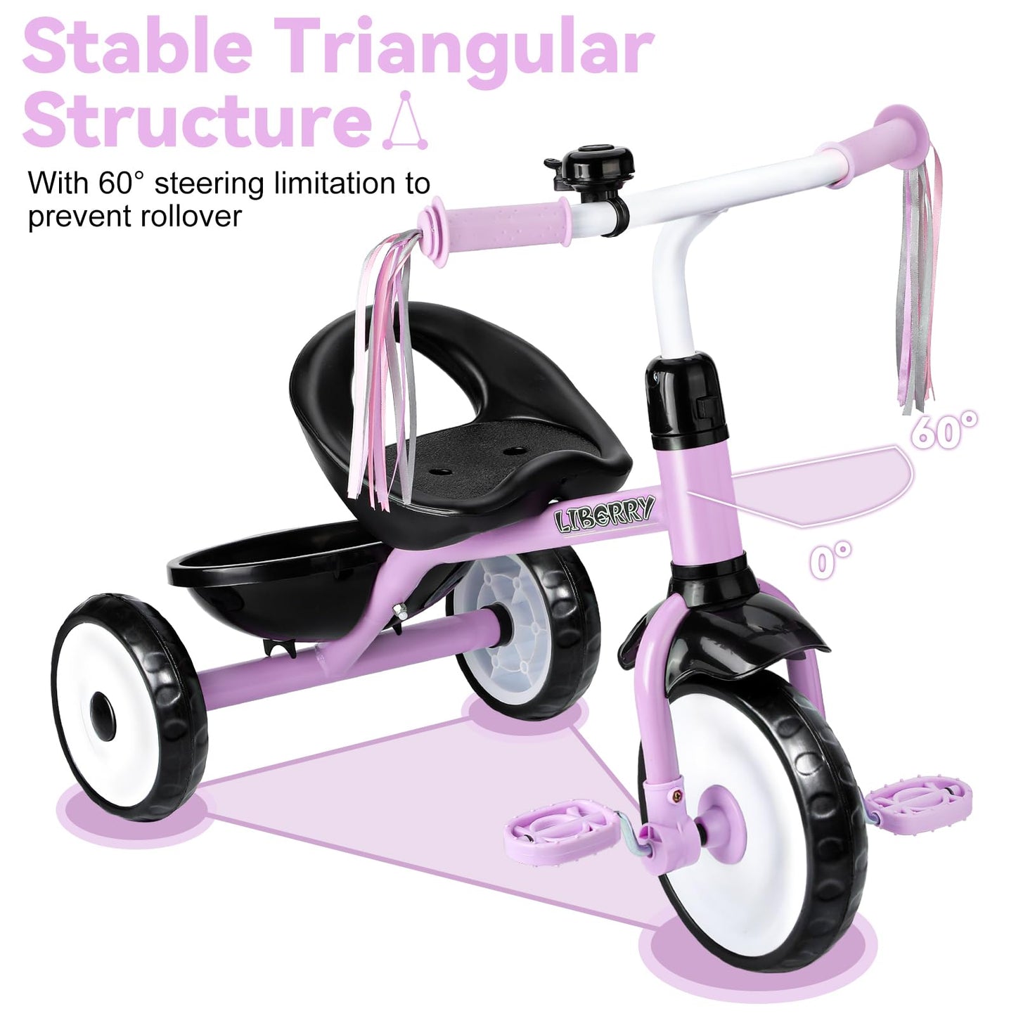 Liberry Toddler Tricycle Age 2 3 4 Years Old, Kids Trike with Bell, Back Basket and Removable Pedal, 3 Wheel Bike Riding Toy Gif