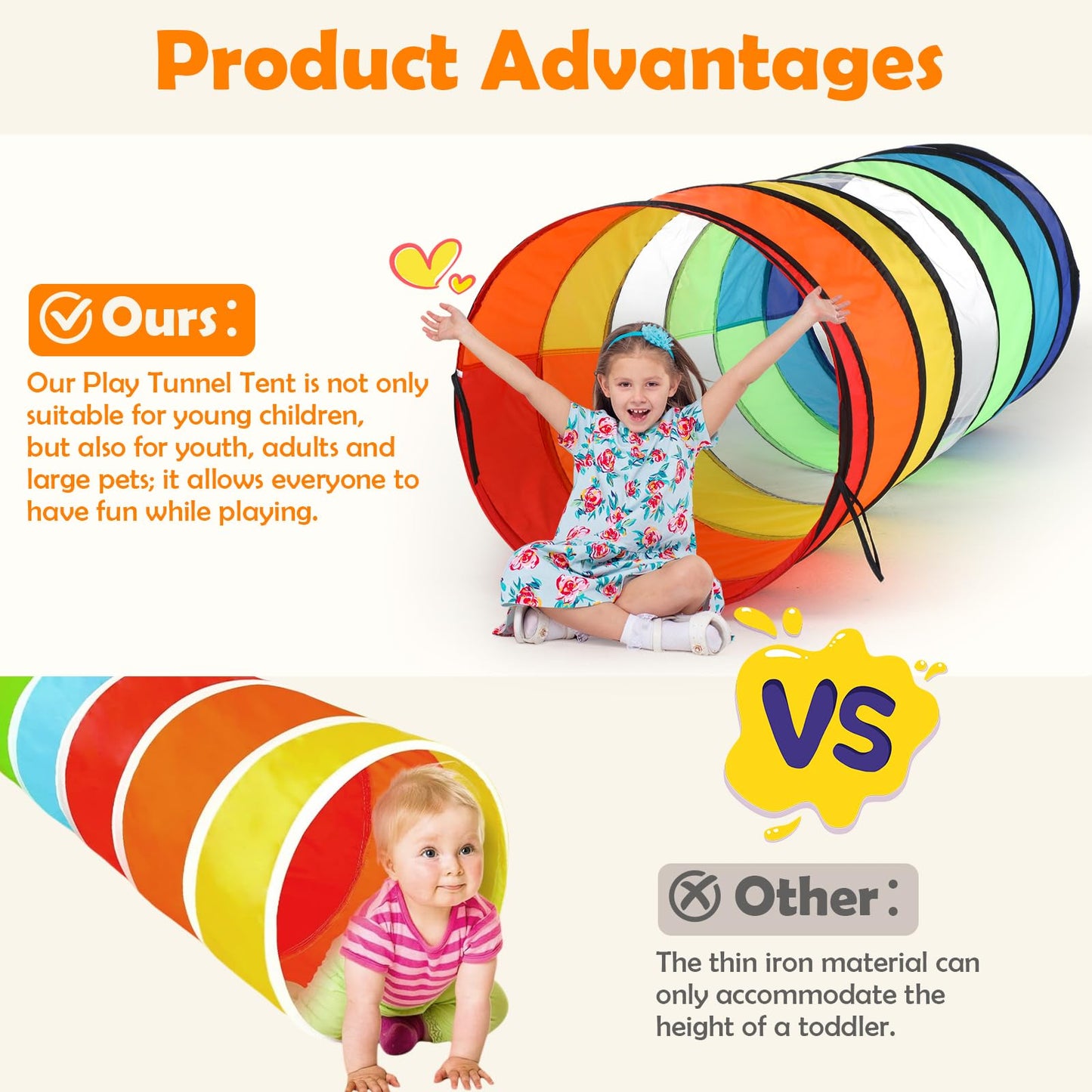 PullCrease Giant 27.6 Inch Play Tunnel for Kids and Large Dogs Colorful Crawl Tunnel Toy for Toddlers Pet Opening Crawl Tunnel T