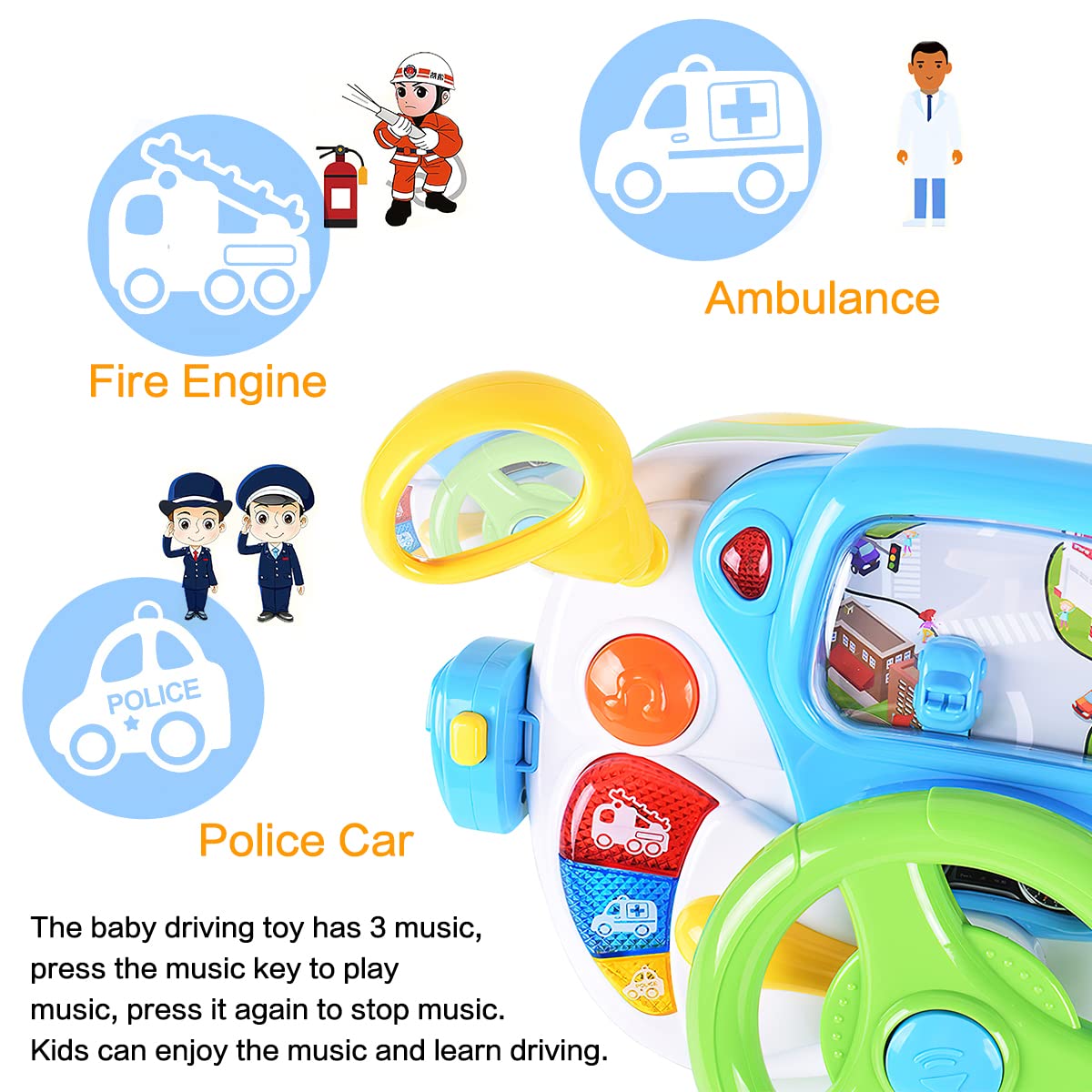 Fisca Toddler Steering Wheel Toy Baby Interactive Learning Toy For Toddler 1-3 Year Old, My First Driving Educational Baby Musical Toy With Light And Sound For Preschool Kids