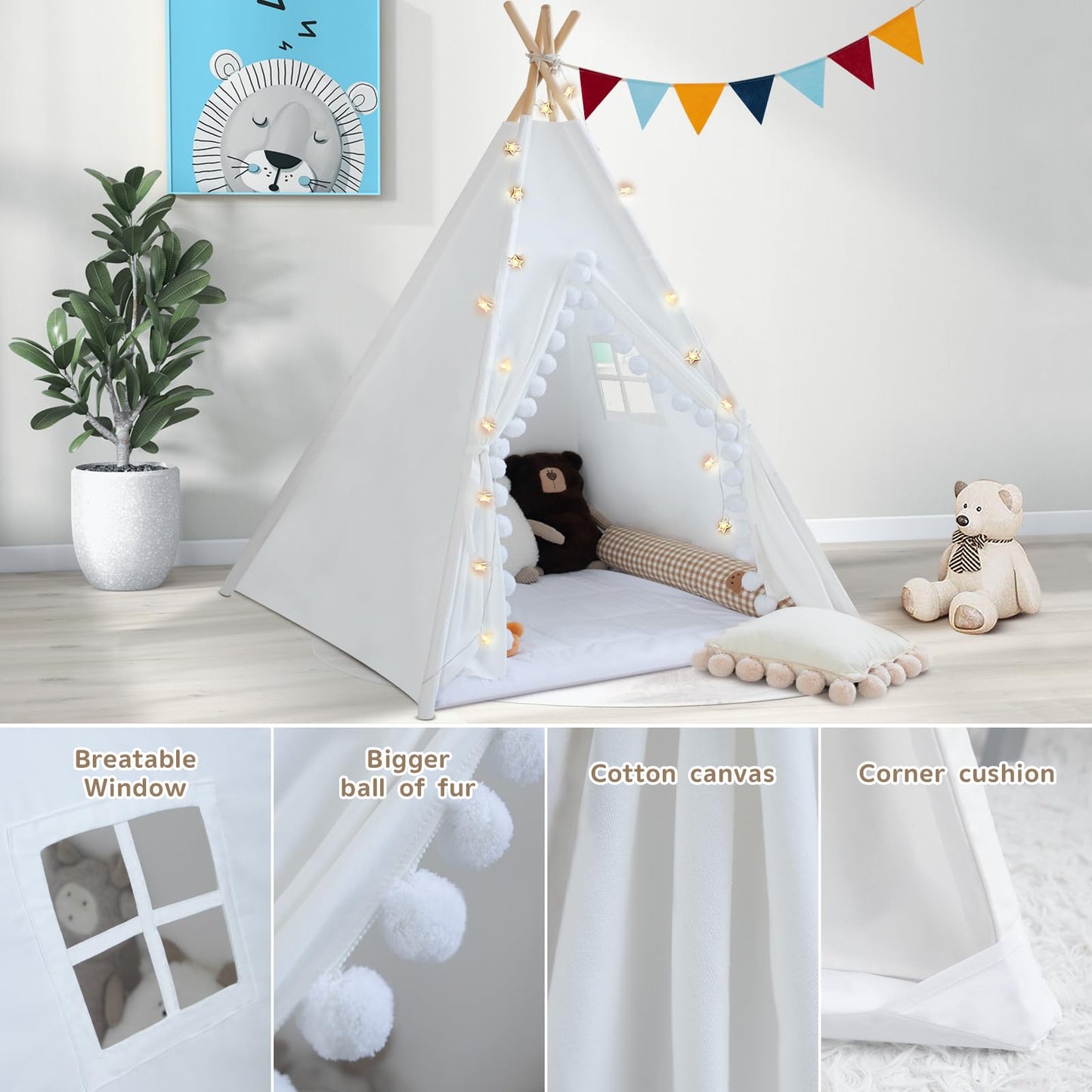 Wirhao Teepee Tent For Kids With Padded Mat Cotton Canvas Kids Teepee With Pompom For Toddlers Indoor Play Tent For Girls Boys W
