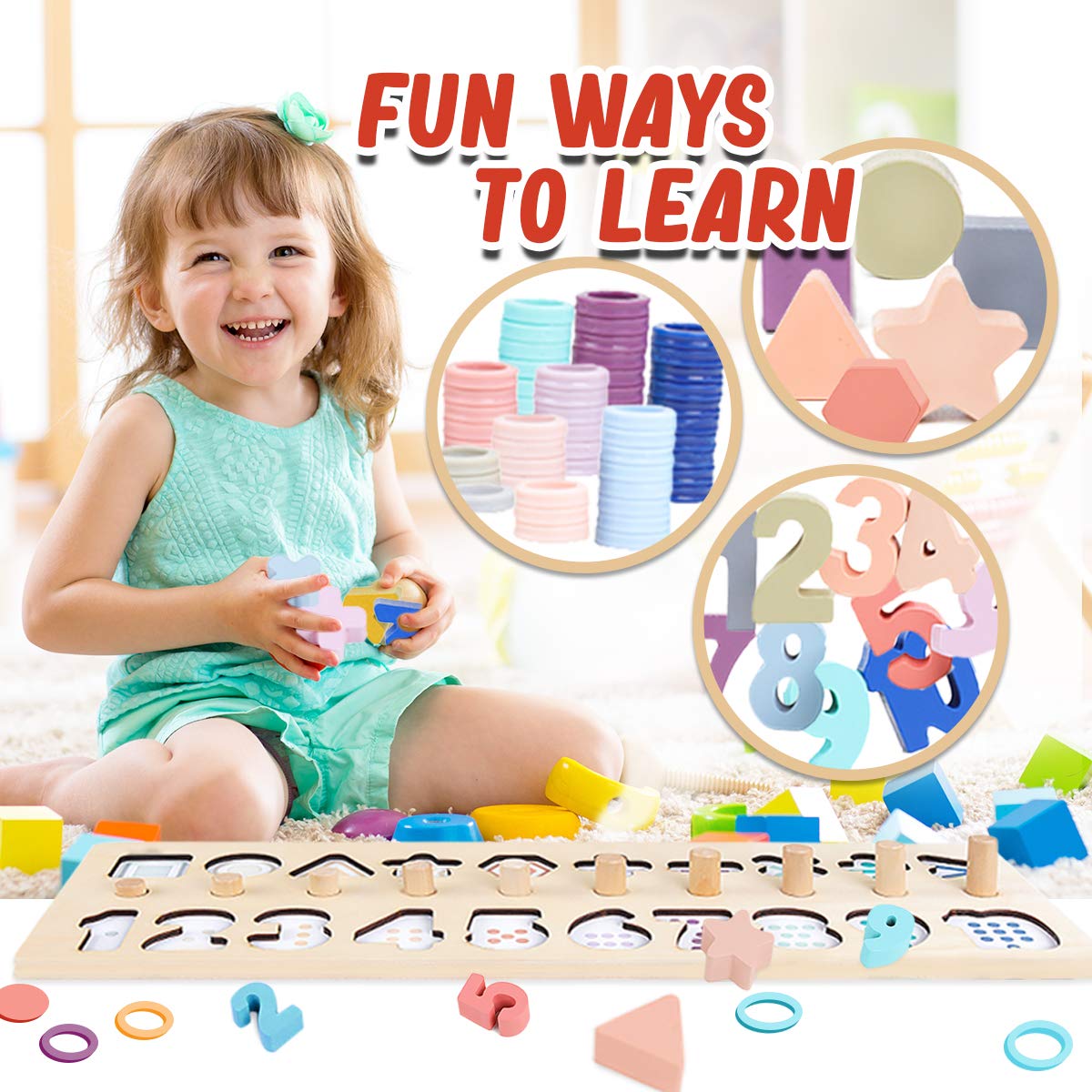 Cozybomb™ Wooden Number Puzzle For Kids - Montessori Toys For 1 Year Old Toddlers Learning Age 3 4 5 Years Old - Wooden Counting Blocks Sorting Toys Shape Block Educational Toys Preschool Stacking Toy