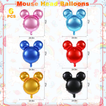 6 Pcs Mouse Head Balloons, 24'' Mouse Mylar Balloon Jumbo Mouse Head Aluminum Foil Balloons For Birthday Party Decorations Baby Shower Supplies Party Favors (Multicolor)