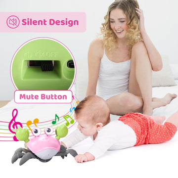 Plnmlls Crawling Crab Baby Toy - Tummy Time, Music & LED, Rechargeable, Pink, Model QC-1Y, for 0-36 Months, Ideal Birthday Gift