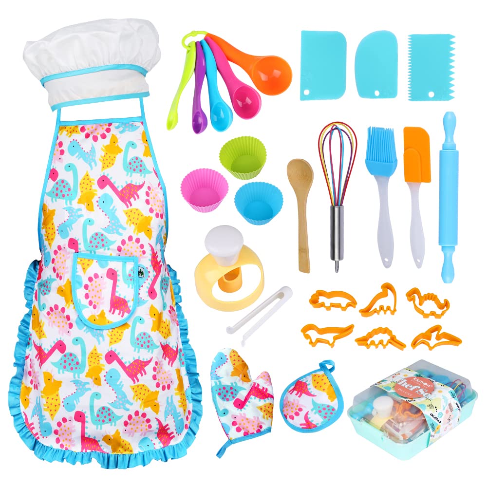 Kkmon Kids Cooking and Baking Set - 28Pcs Includes Kids Chef Hat and Dinosaur Apron ,Oven Mitt and Cooking Utensils , Dress Up C