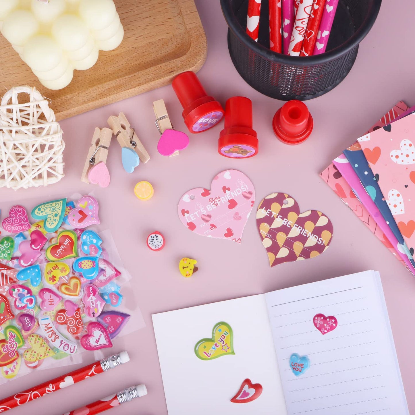 Cakka Valentines Day Gifts For Kids, 28Pack 252Pcs Classroom Exchange Stationery Gift Set With Cards Pencils Erasers Notebooks Stamps Clips Stickers Goodie Bags, Class School Gifts For Valentine’S Day