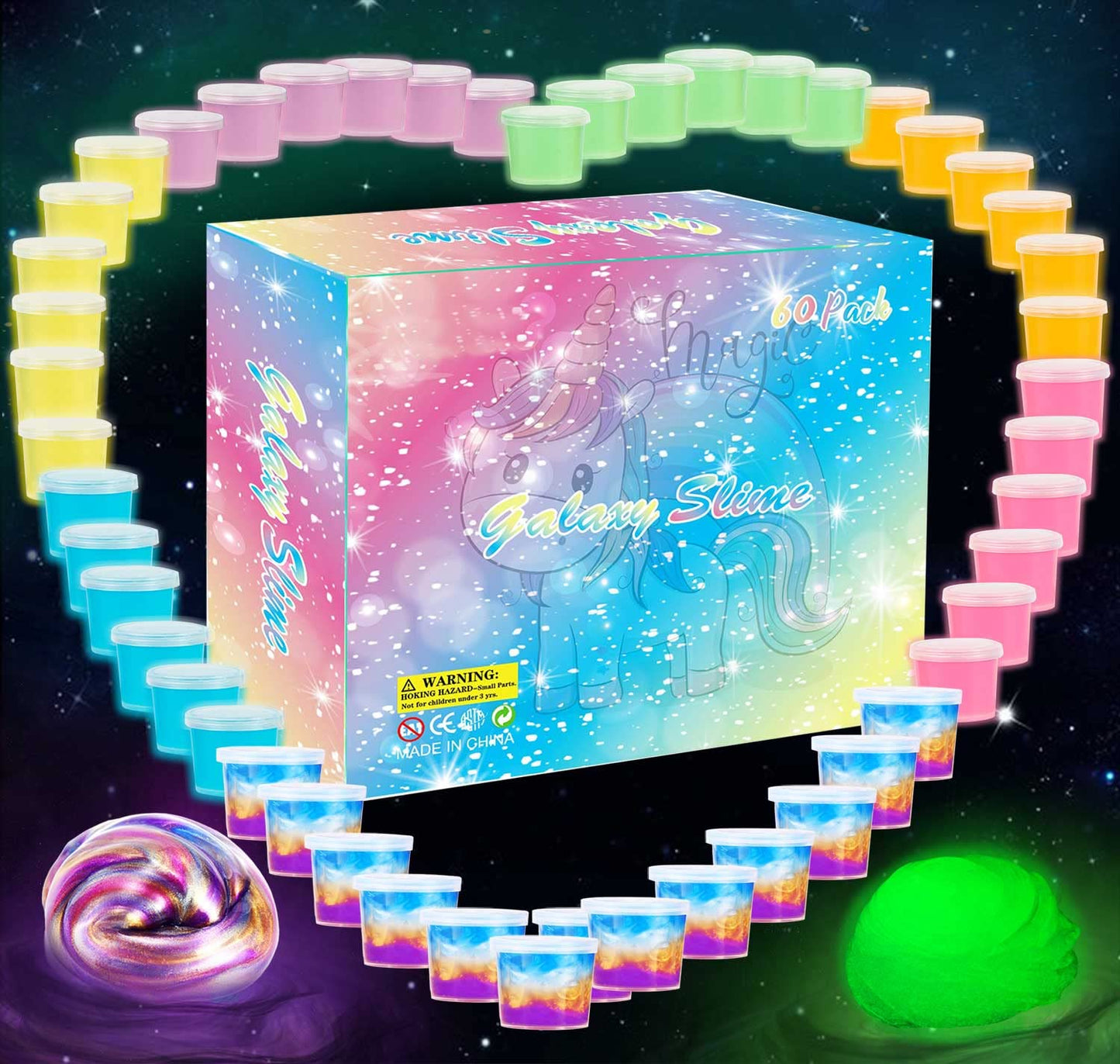 60 Pack Galaxy Slime Pack, Including Glow In The Dark Slime 30 Pack And Galaxy Slime 30 Pack, Super Soft And Stretchy Slime Toy For Any Child Favor, Birthday, Classroom Prizes, Goodies Bag Stuffer