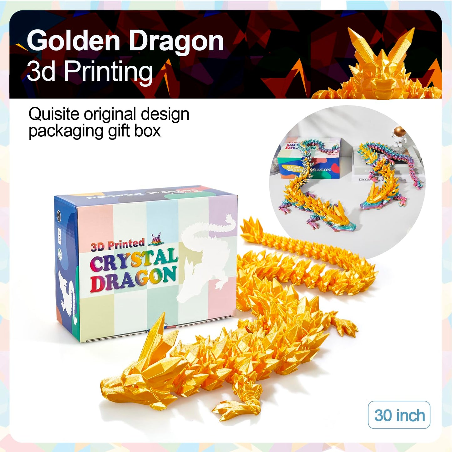 Rwsefk 30 In 3D Printed Dragon, 30Inch Dragon,3D Dragon Toy,Large Dragon Present,Ariculated Crystal Dragon(Gold)