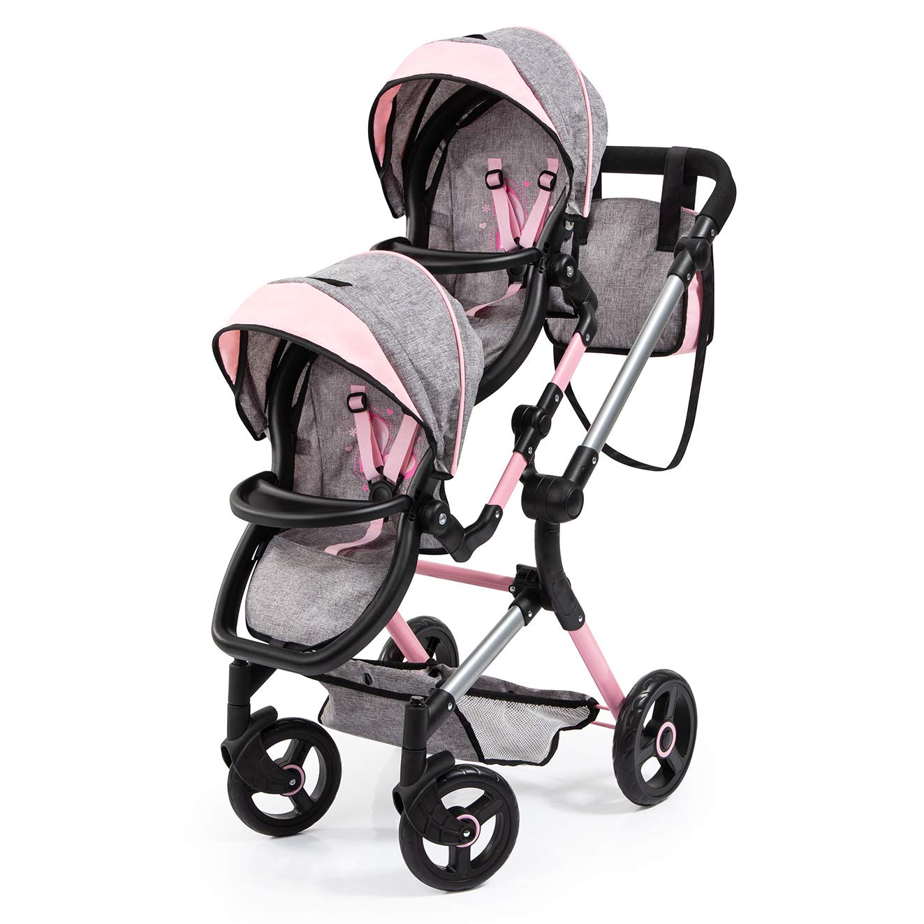 Bayer Twin Doll Pram Neo, Grey, Pink With Butterfly, Jean Look