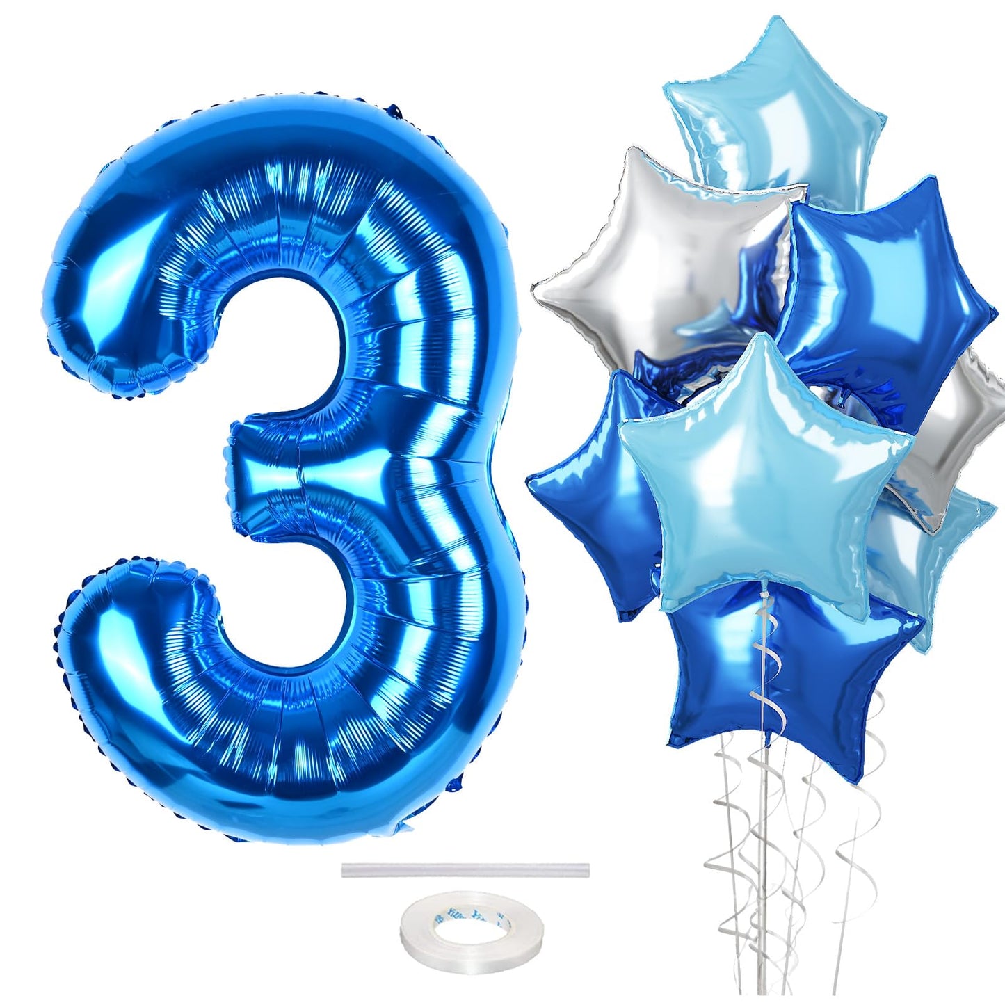 Royal Dark Blue Large Numbers Balloons 3, 40 Inch Self Inflating Light Baby Blue Helium 3 Balloon Decor, Silver Star Foil Mylar